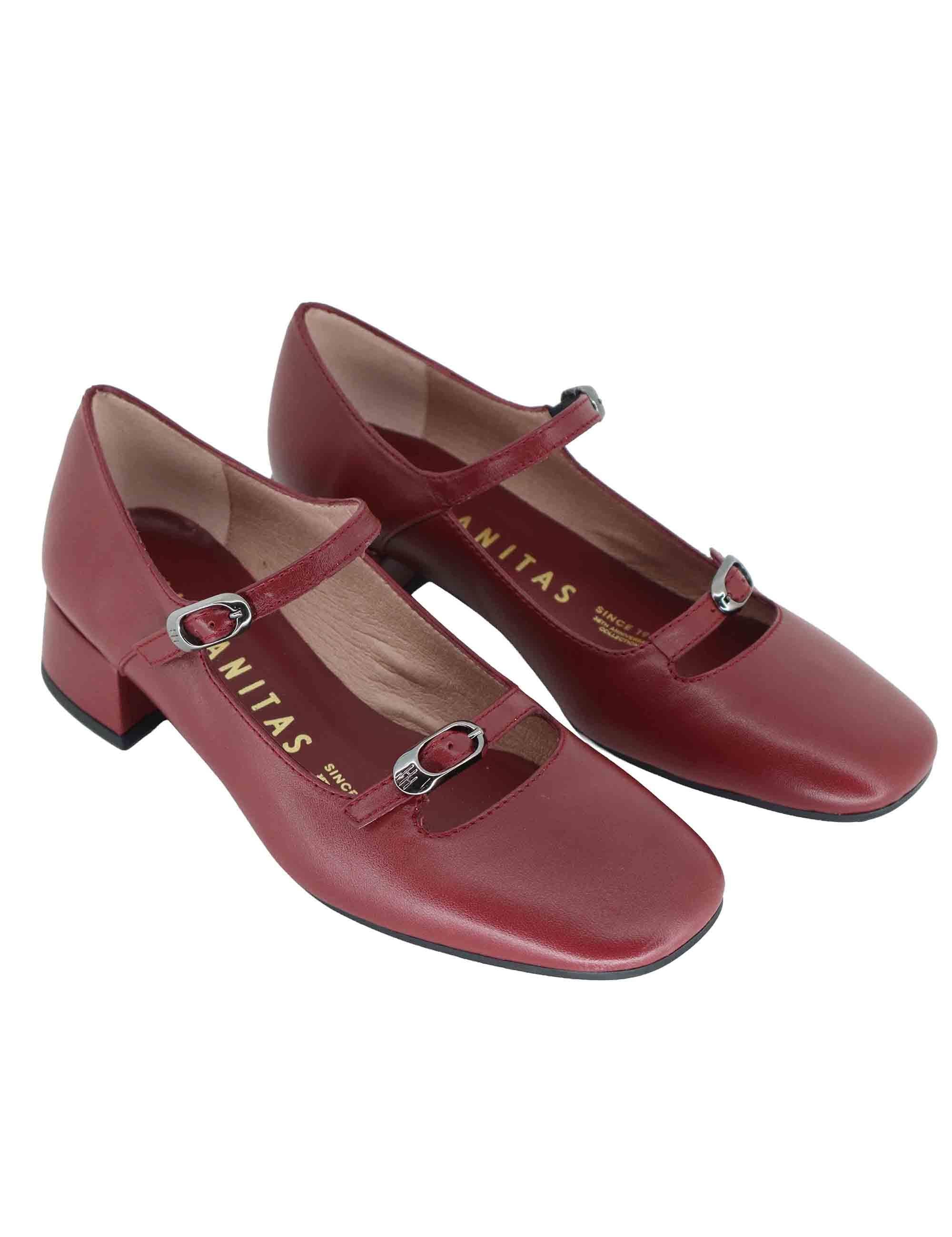 Decollete donna in pelle bordeaux con doppi cinturini e tacco basso HI254207 C003 Hispanitas 