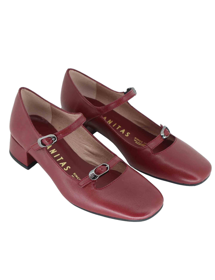 Decollete donna in pelle bordeaux con doppi cinturini e tacco basso HI254207 C003 Hispanitas 