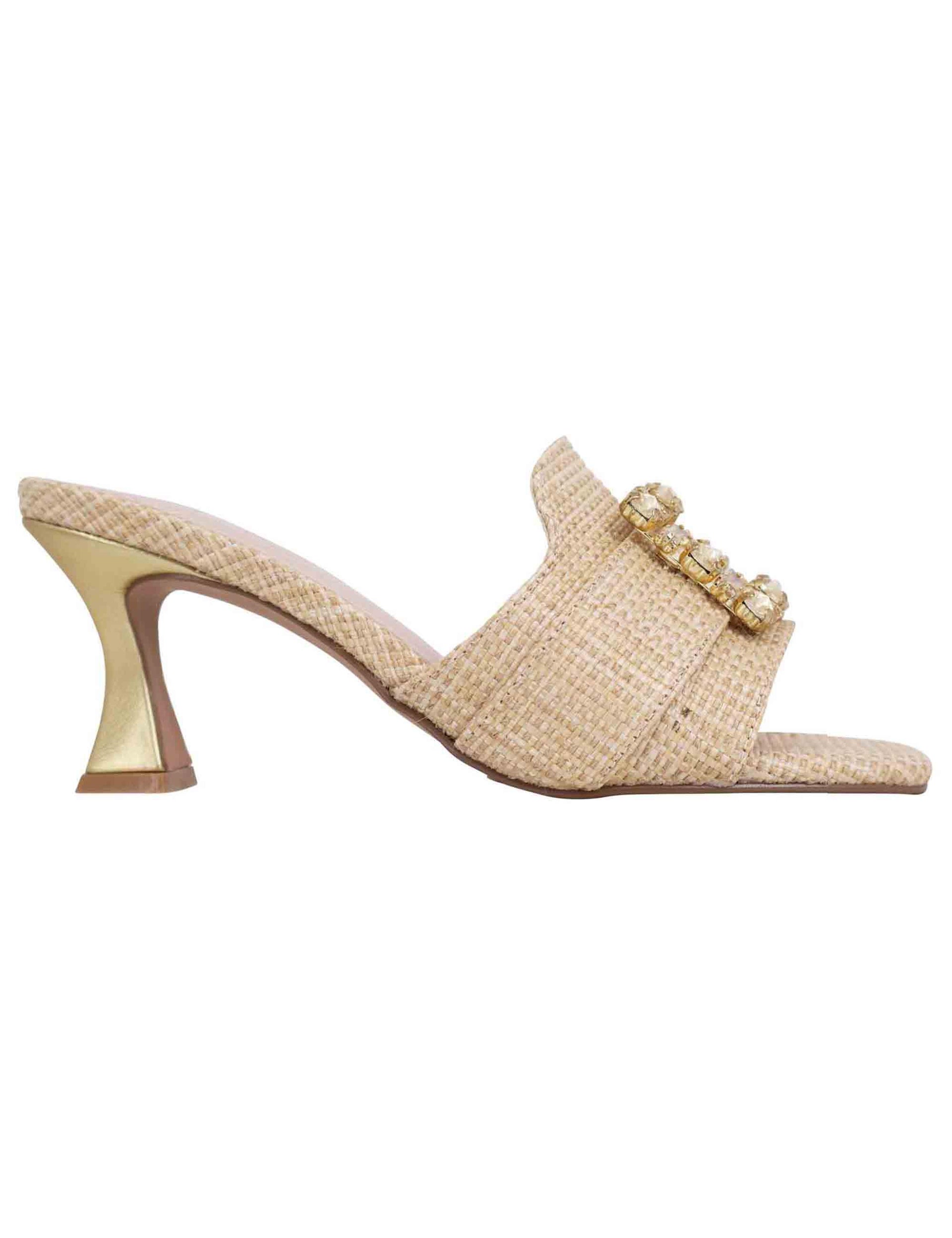 Sandali donna in tessuto rafia beige con morsetto e tacco oro S470056344A3 LUCIA 536 Exe 