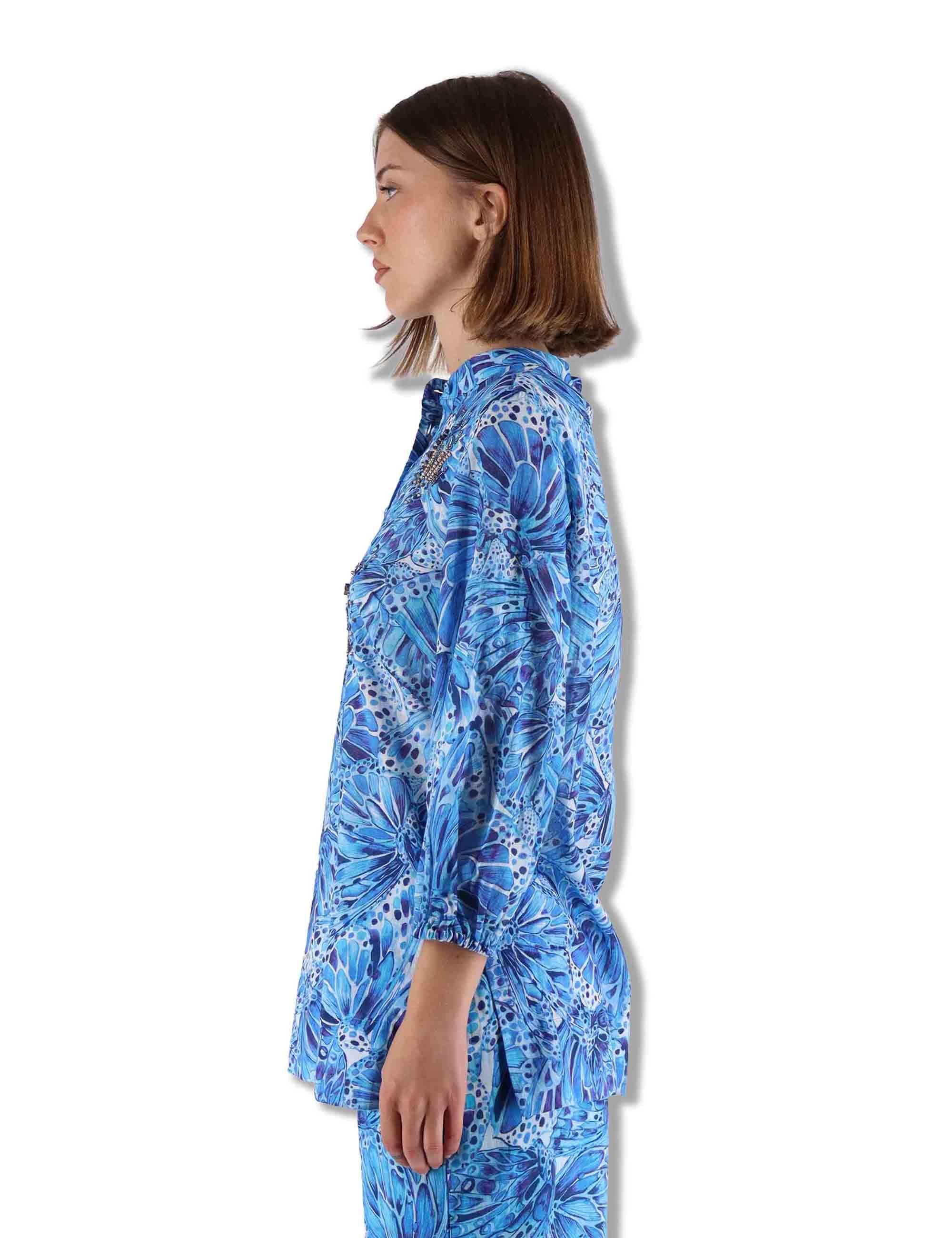 Camicie donna Sweet Butterfly in cotone stampato azzurro maniche 3/4 JM557415217 A8186 Maliparmi 