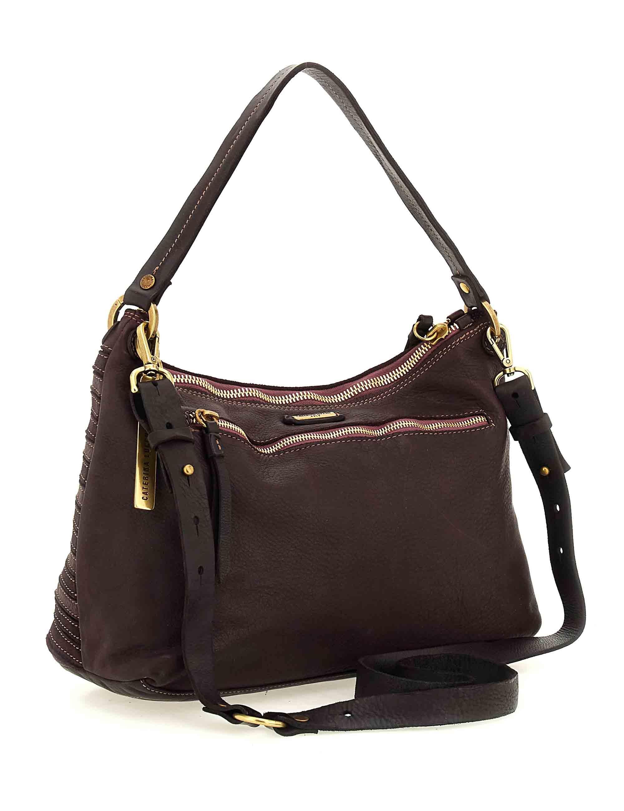 Borsa donna a spalla grande Asia in pelle e camoscio multi riga prugna L012850ND X2917 C3507 Caterina Lucchi 