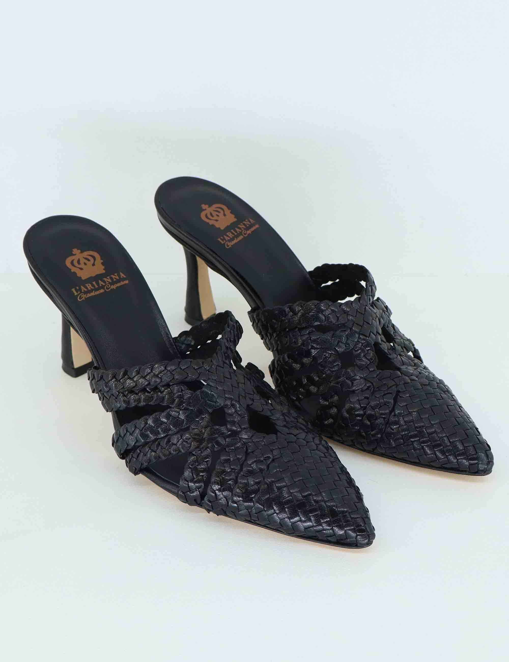 Mule donna in pelle intreciata nera con tacco alto CH2500/RT 001 L'Arianna 