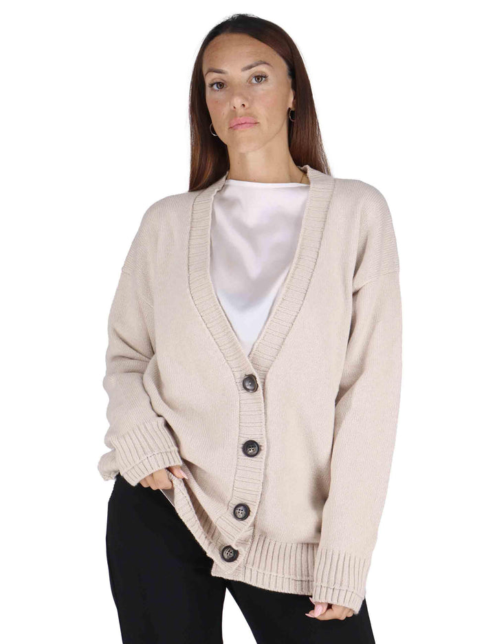 Cardigan donna Cahemire Merinos in lana beige con scollo a V JN370574315 11034 Maliparmi 