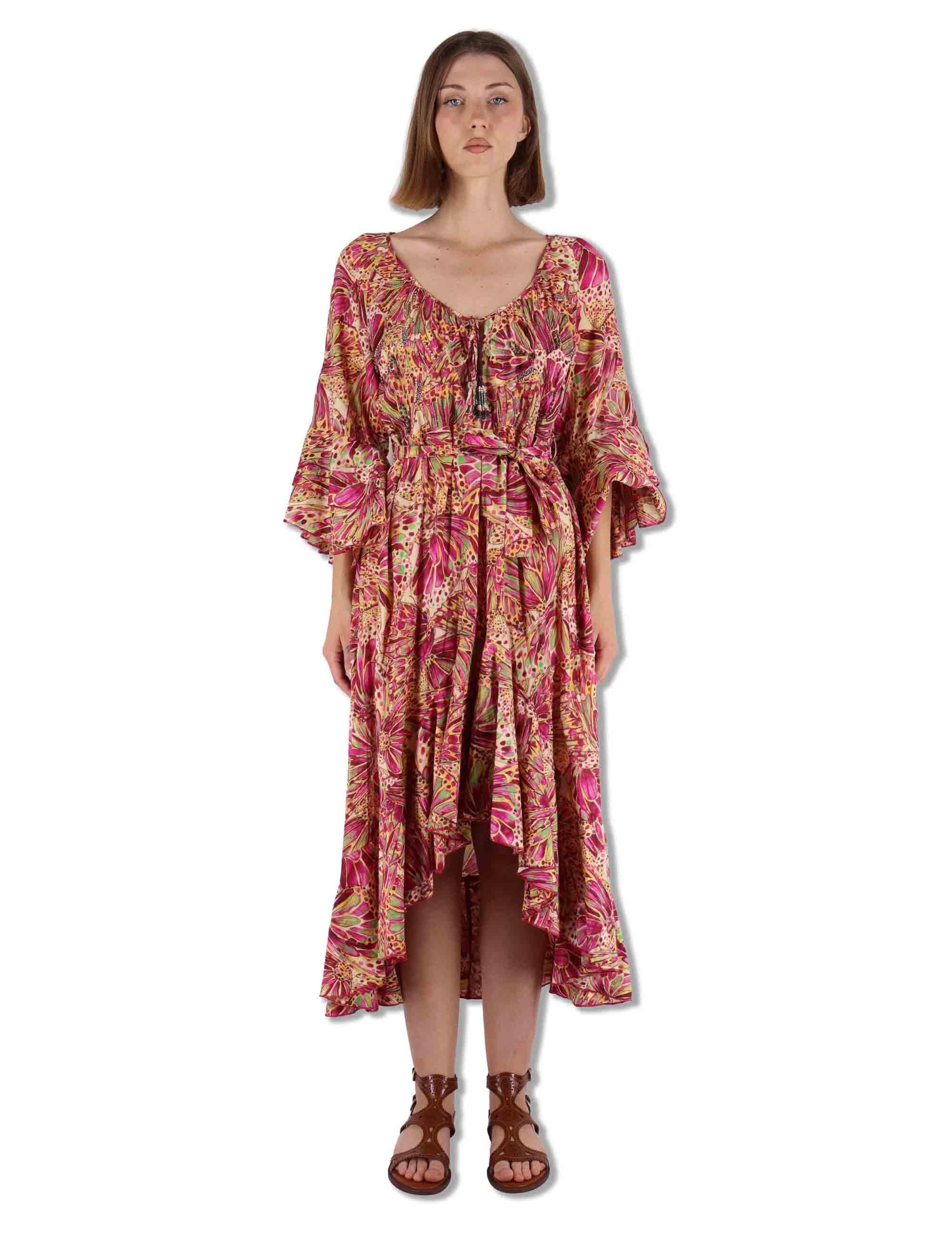 Abiti midi donna Sweet Butterfly in cotone giallo stampato con rouches JF669515217 B7008 Maliparmi 