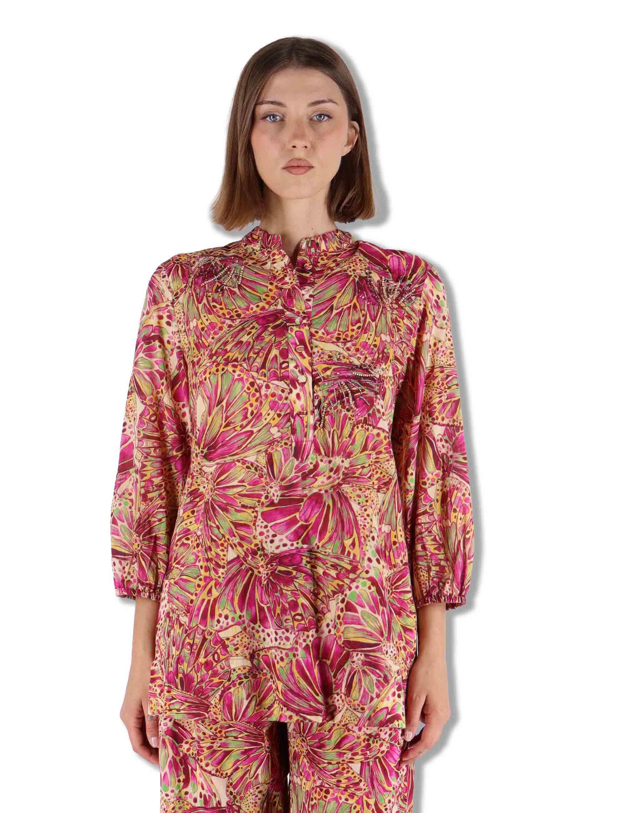 Camicie donna Sweet Butterfly in cotone stampato rosso maniche 3/4 JM557415217 B7008 Maliparmi 