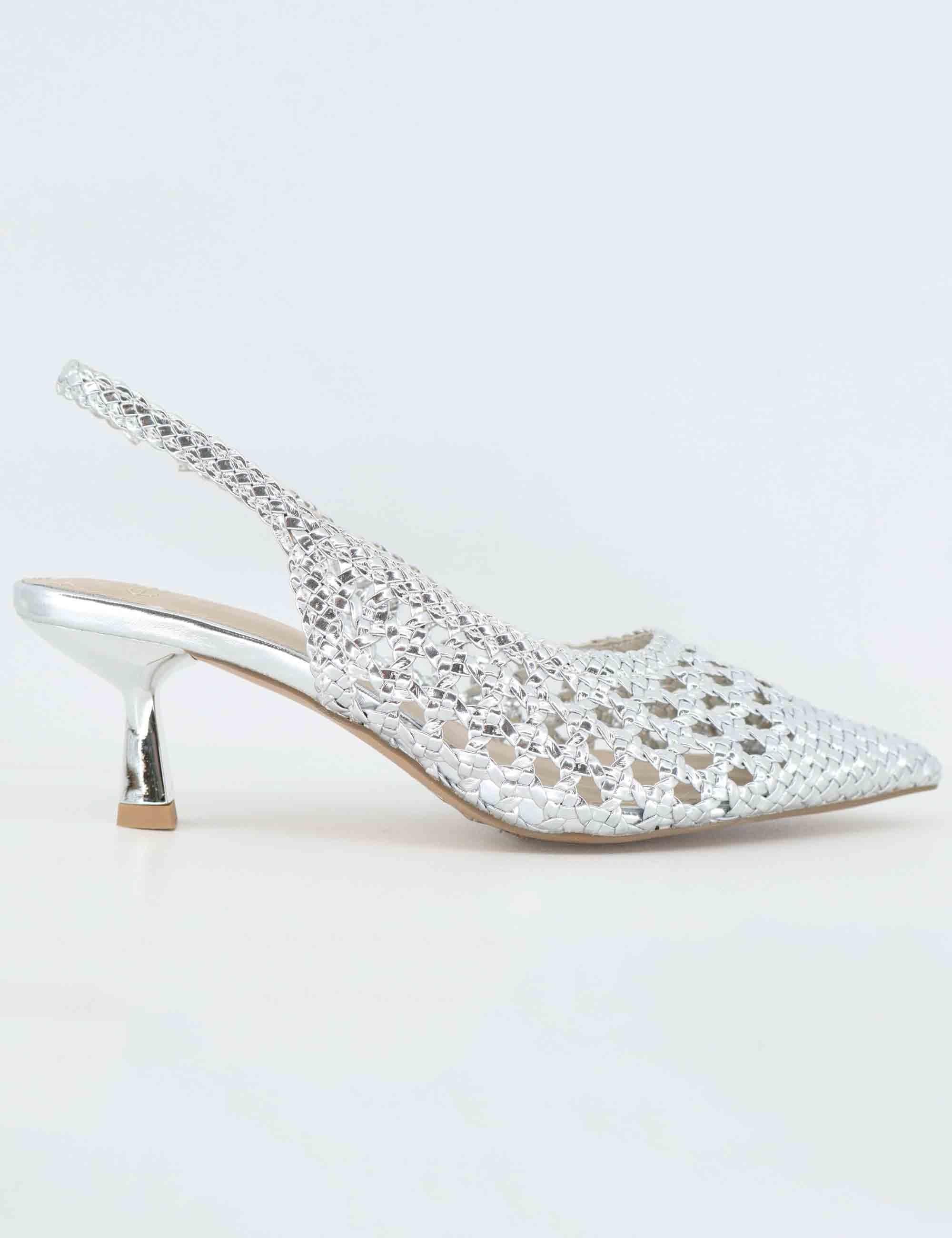 Slingback donna in tessuto argento con tacco gioiello U4700851322L 851 S Exe 