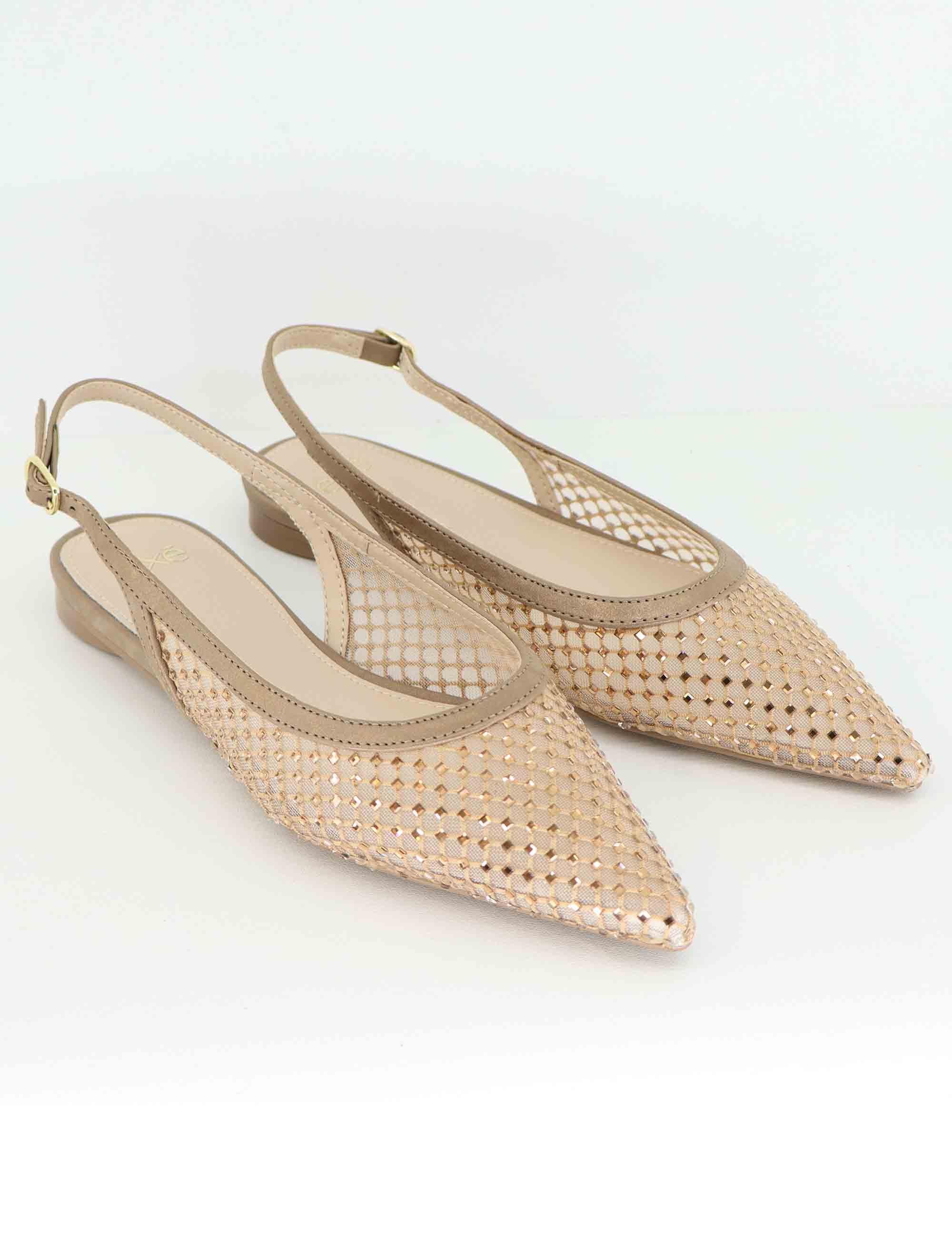 Slingback donna in rete bronzo con strass e tacco basso U4700222130B C176 Exe 