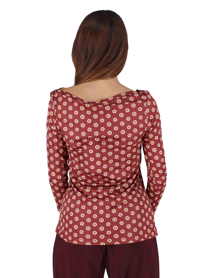 T-Shirt donna Micro Print in jersey a fantasia bordeaux con maniche lunghe JK025770654 A3362 Maliparmi 