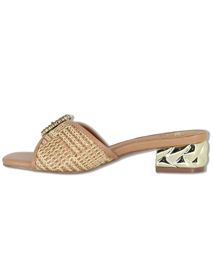 Sandali donna in rafia naturale con fibbia gioiello e tacco oro W4700410 25G0 Exe 