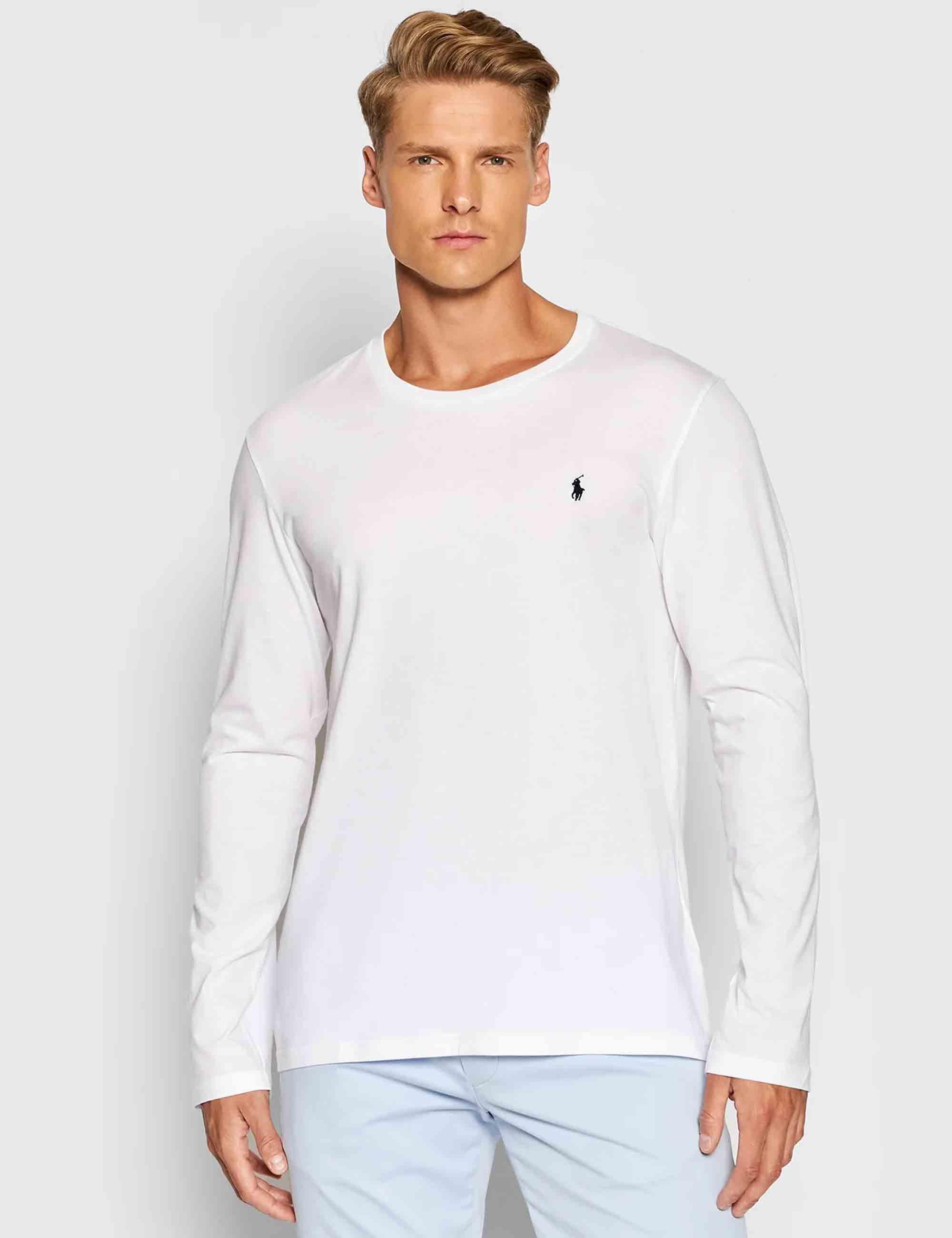 T-shirt uomo Crew in cotone bianco con logo ricamato e maniche lunghe 714844759004 WHITE Polo Ralph Lauren 