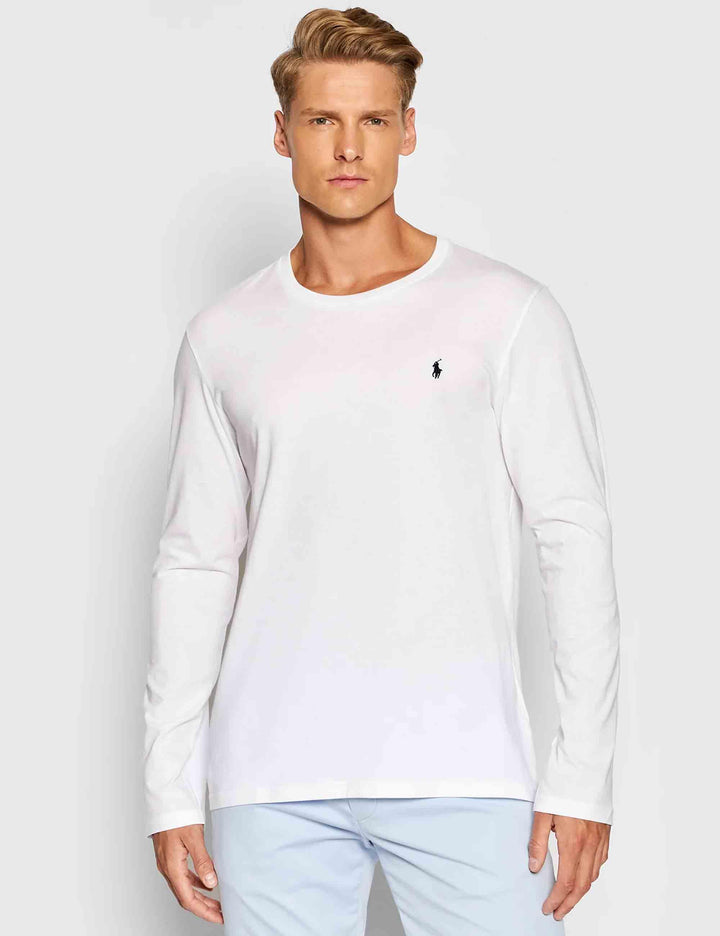 T-shirt uomo Crew in cotone bianco con logo ricamato e maniche lunghe 714844759004 WHITE Polo Ralph Lauren 