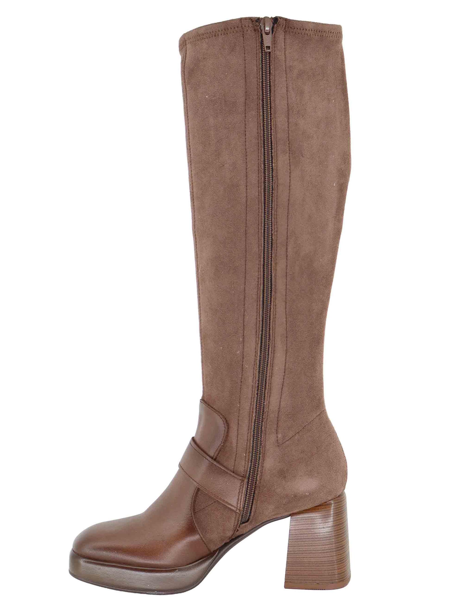 Stivali donna in pelle e tessuto marrone con tacco alto HI254374 C005 Hispanitas 