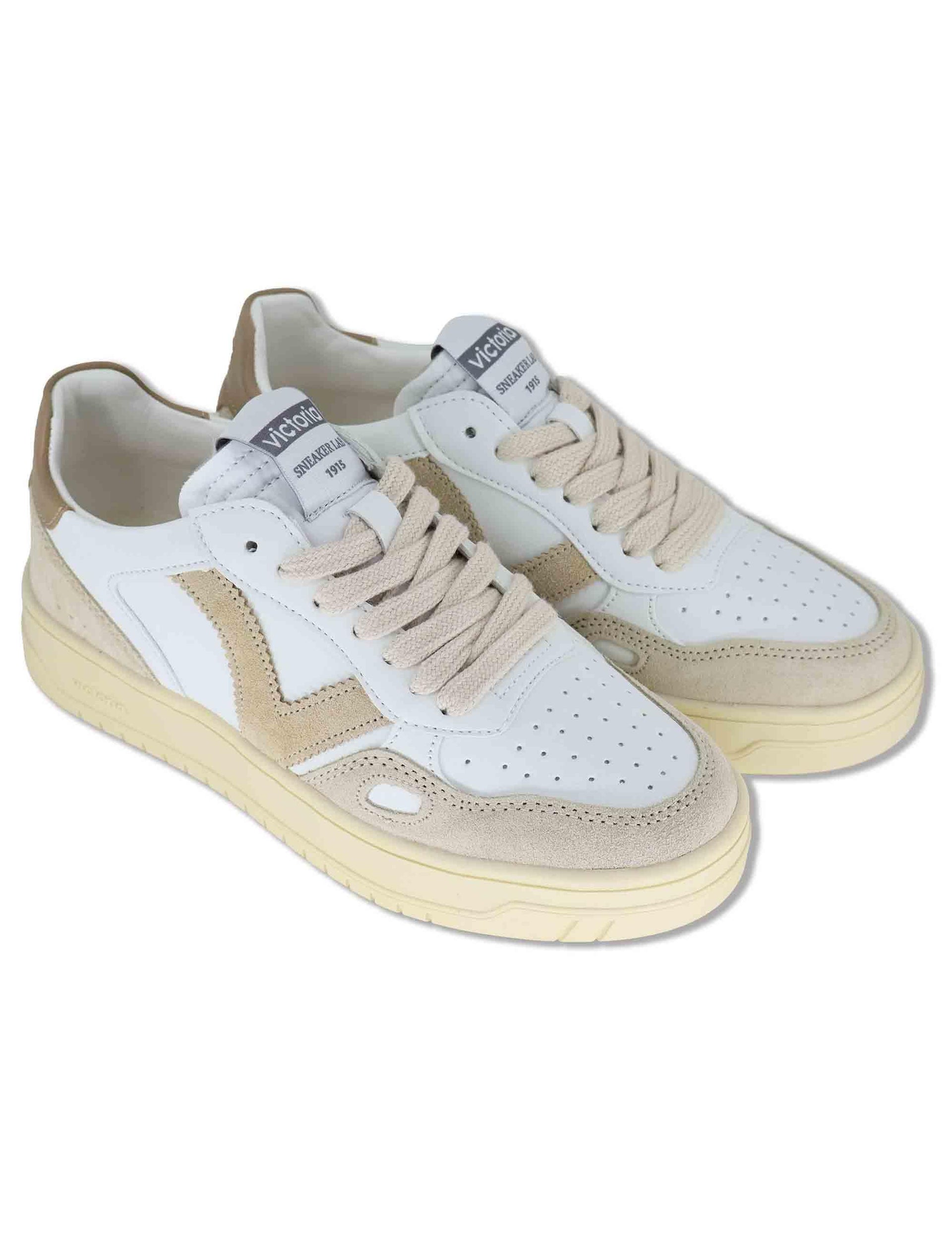 Sneakers donna Seul in pelle bianca con logo beige e suola alta 1257136 80_Beige Victoria 