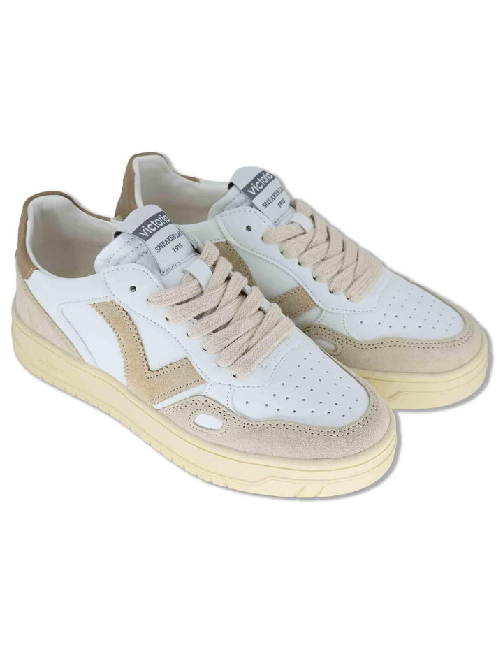 Sneakers donna Seul in pelle bianca con logo beige e suola alta 1257136 80_Beige Victoria 