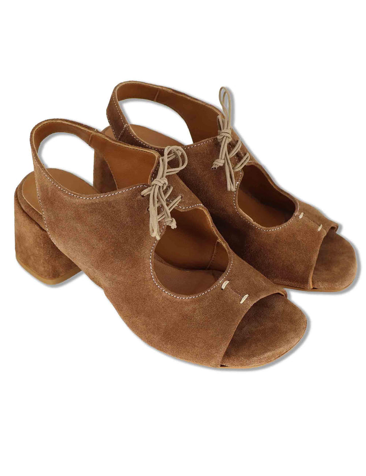 Sandali donna in camsocio cuoio con laccetti e tacco medio SP8218 014 Spatarella 