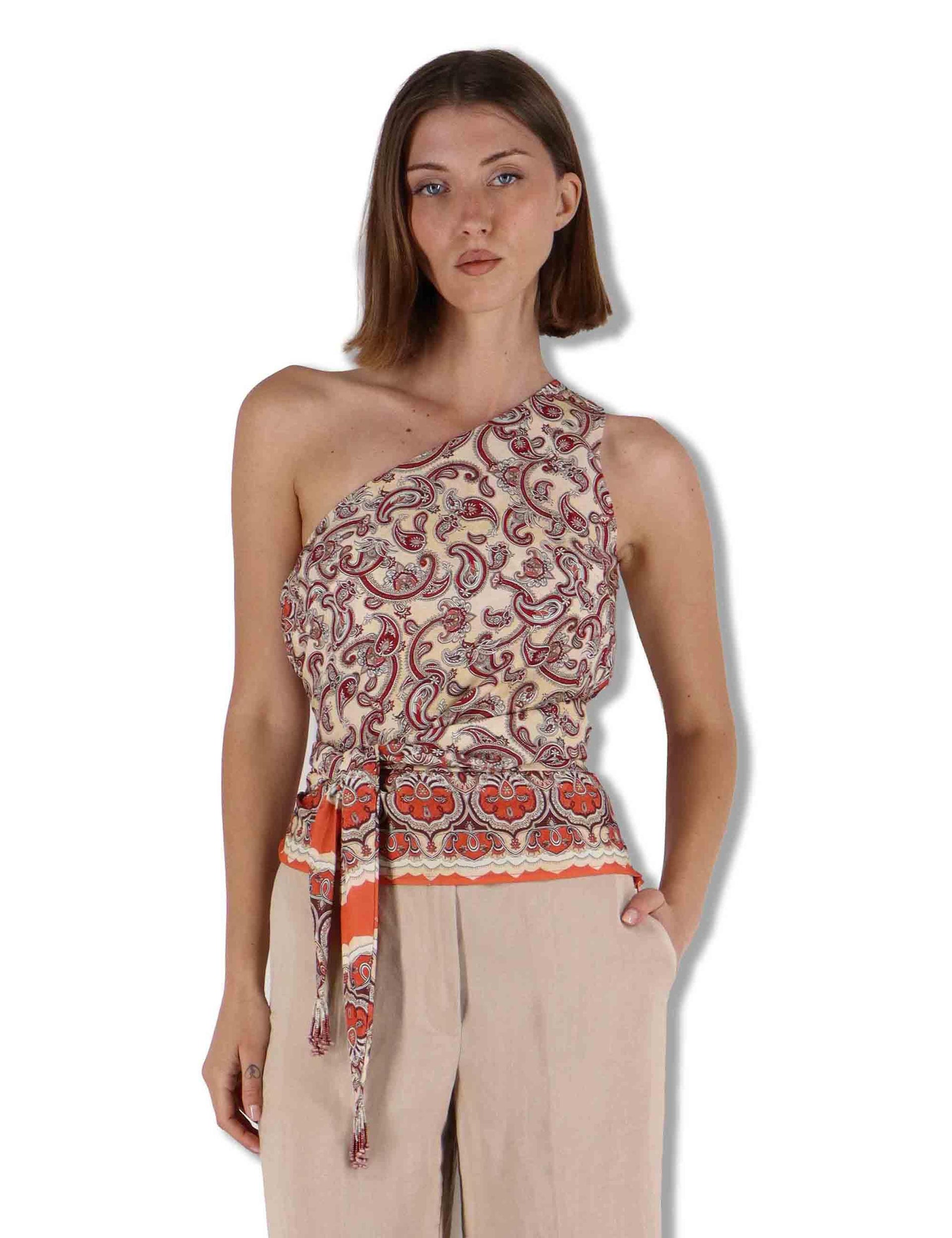 Top donna monospalla Sunset Paisley in viscosa stampata beige con frange JP555550662 B1294 Maliparmi 