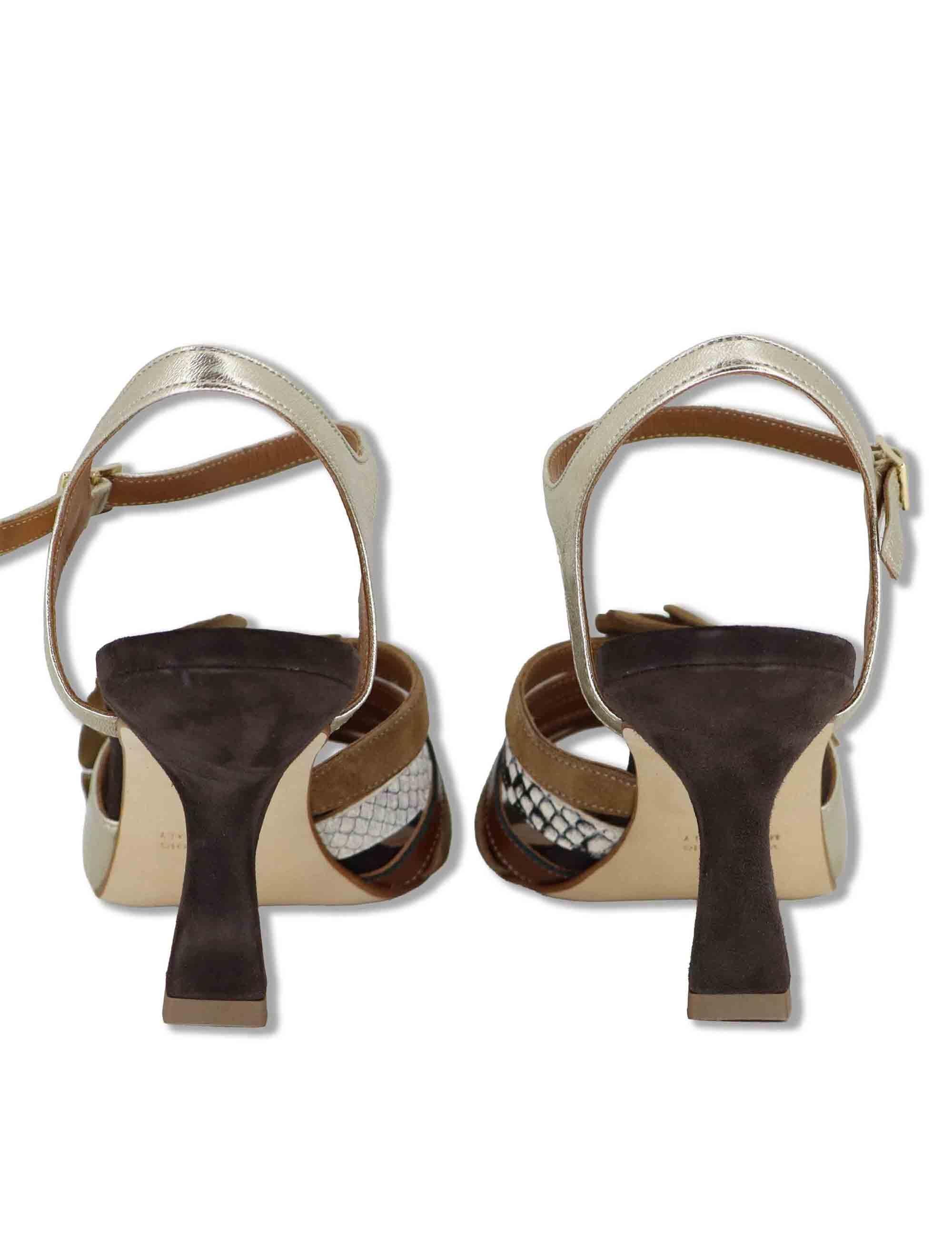 Sandali donna in pelle laminata oro e camoscio nero con fiore e tacco alto 1040 006 Tattoo 