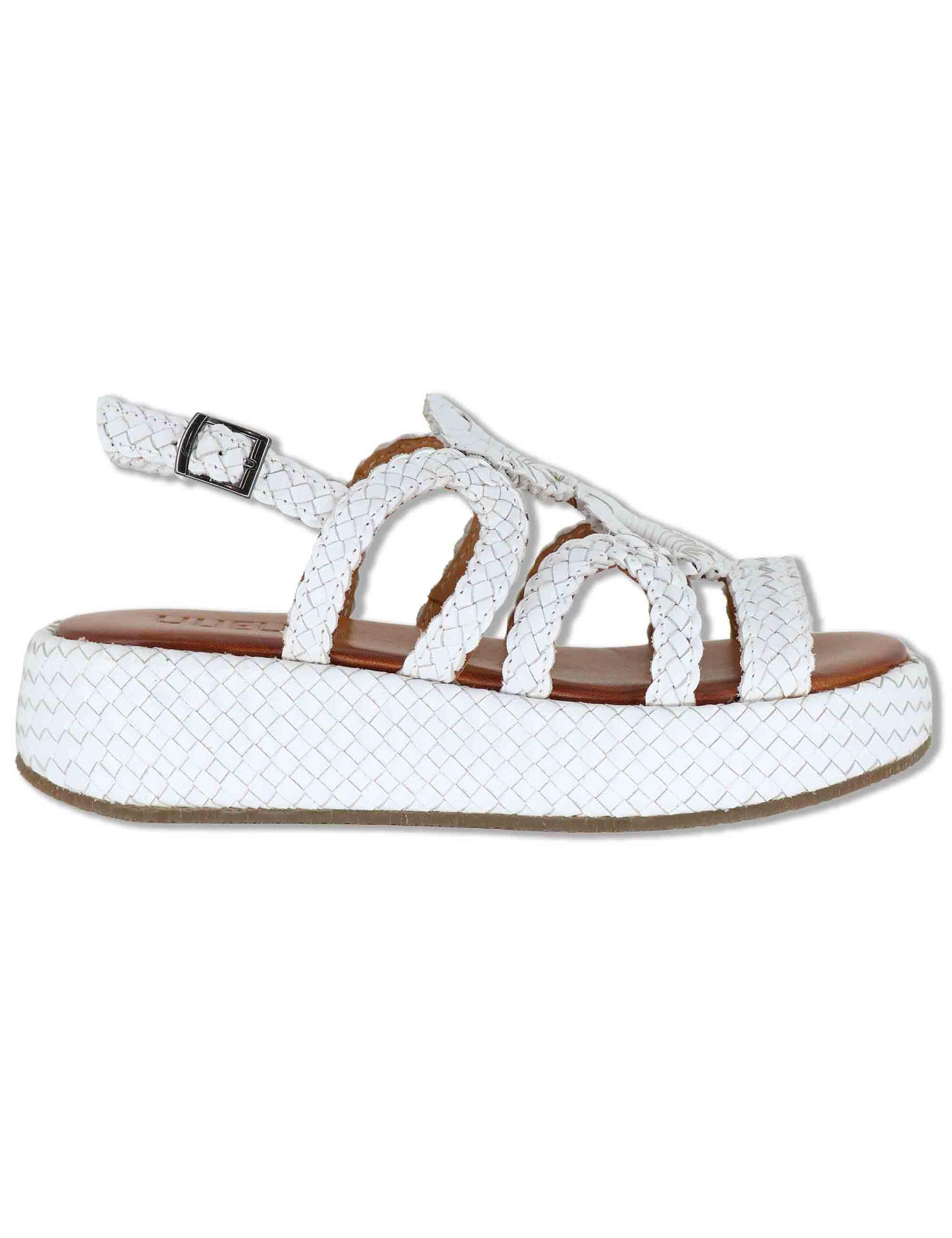 Sandali donna in pelle intrecciata bianca con zeppa e cinturino posteriore WD511R04 500013 Vueva 