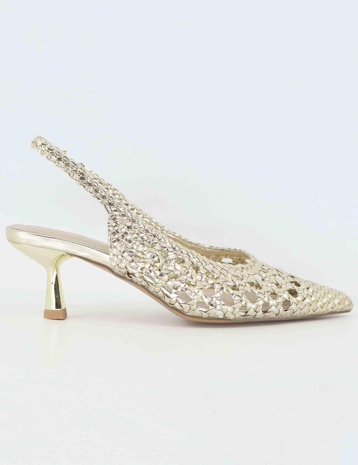 Slingback donna in tessuto oro con tacco gioiello U4700851357L 851 G Exe 