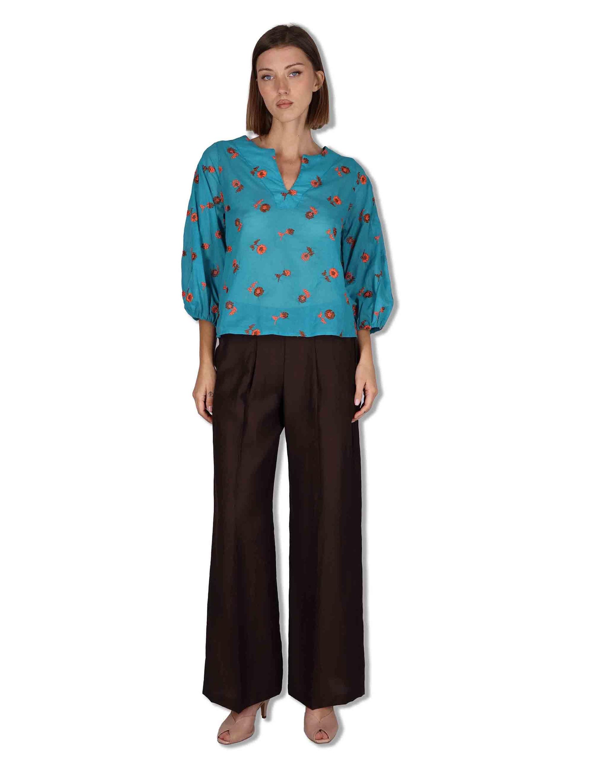 Camicie donna in cotone turchese con ricami florali e maniche a 3/4 JABCM0001-F1509-1231 6005 Justmine 