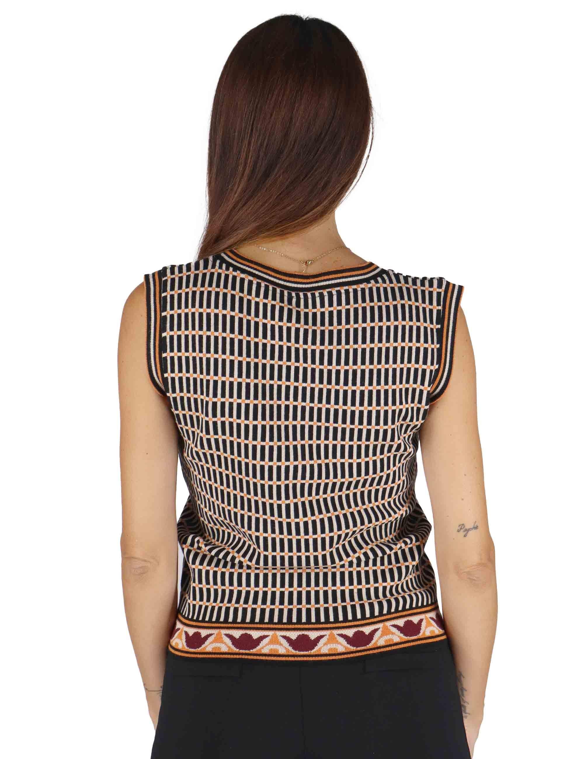 Gilet donna in tessuto naturale nero a fantasia con scollo a V JABGI0025-G049 9999 Justmine 