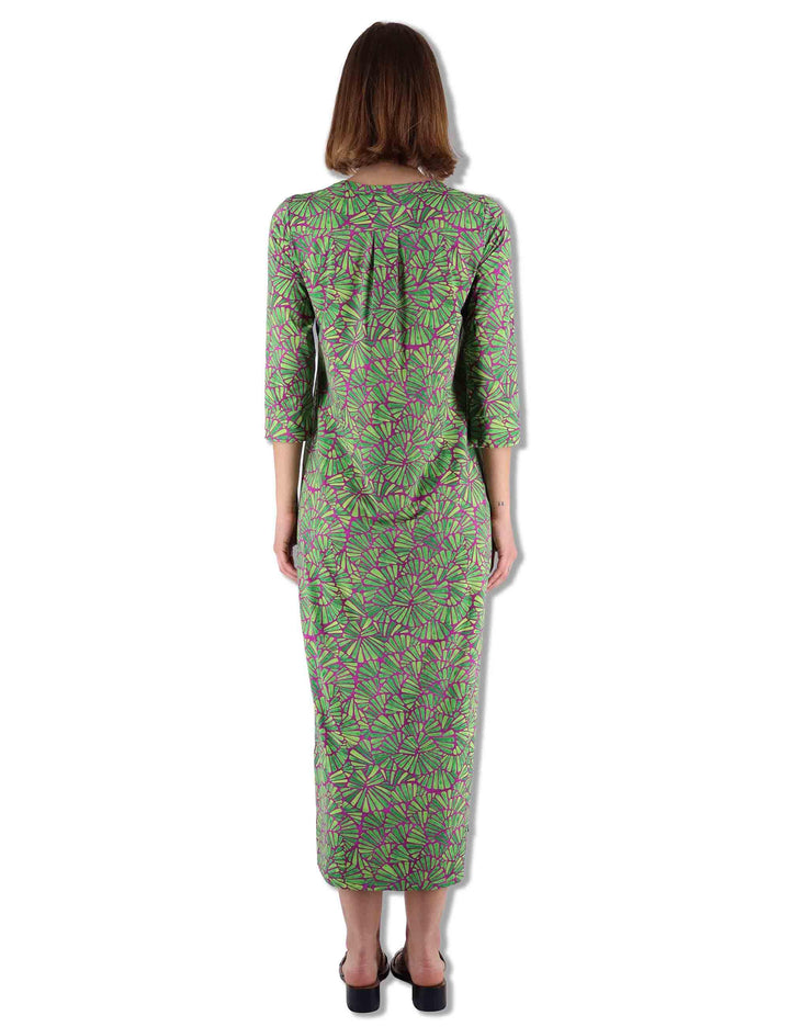 Abiti lunghi donna Shell in tessuto stampato verde con maniche a 3/4 JF667370672 A5032 Maliparmi 