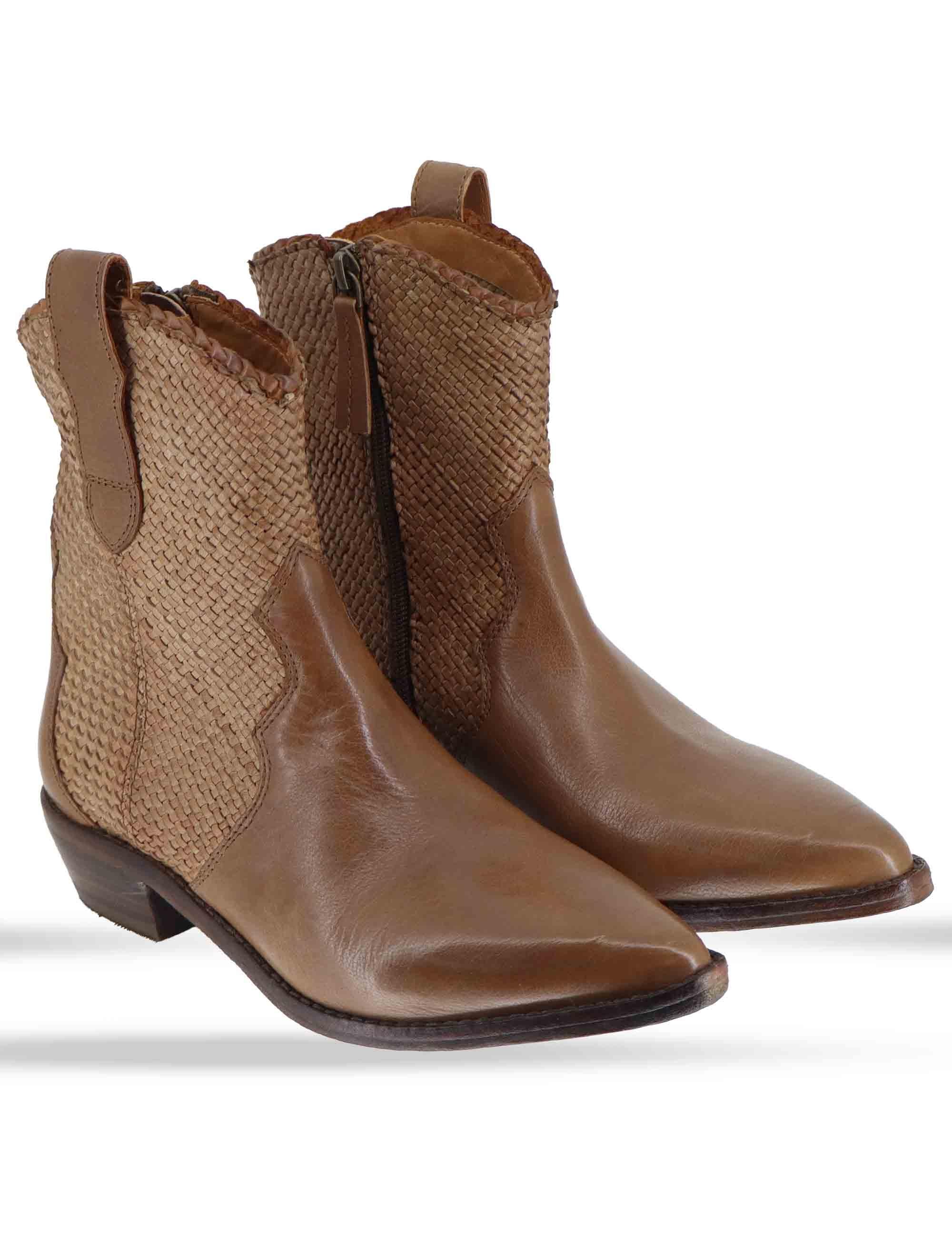 Stivaletti donna in pelle intrecciata cuoio con tacco basso 261-304-14 MOCHA Zolfo 