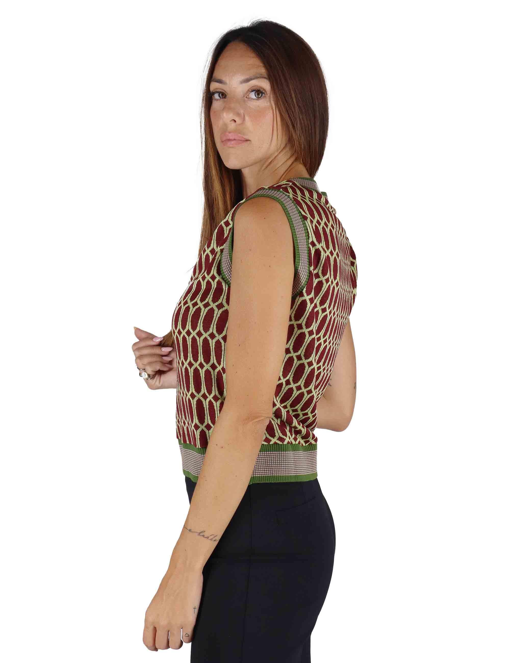 Gilet donna in tessuto naturale bordeaux a fantasia con scollo a V JABGI0025-F1161 4280 Justmine 