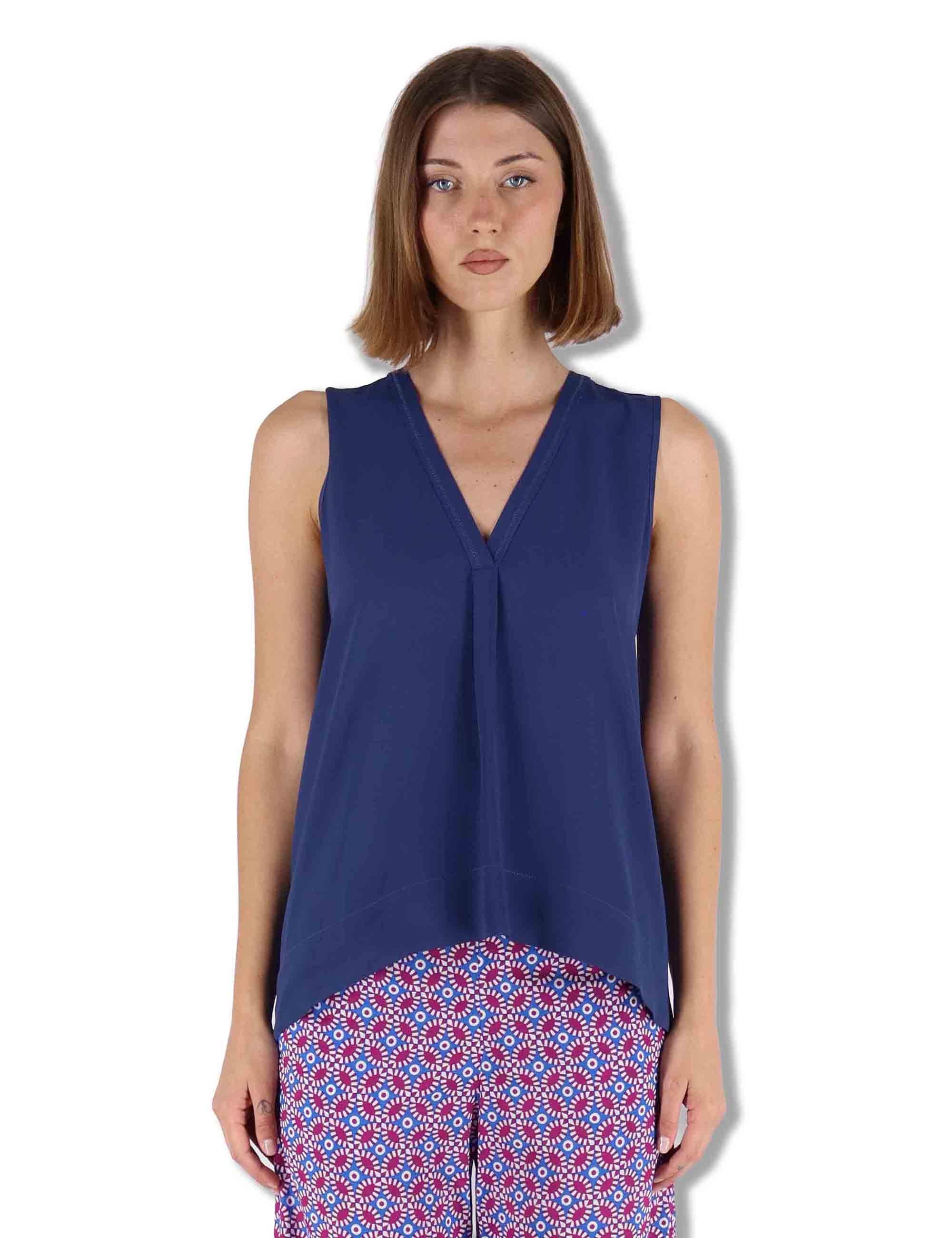Top donna Fluid Crepe in seta blu senza maniche maniche scollo a V JP554050672 80043 Maliparmi 