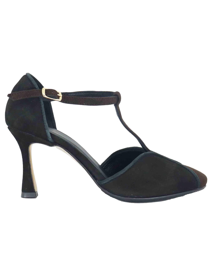 Decollete donna Mary Jane in camoscio marrone e nero con tacco alto TG1660/RT 014 L'Arianna 