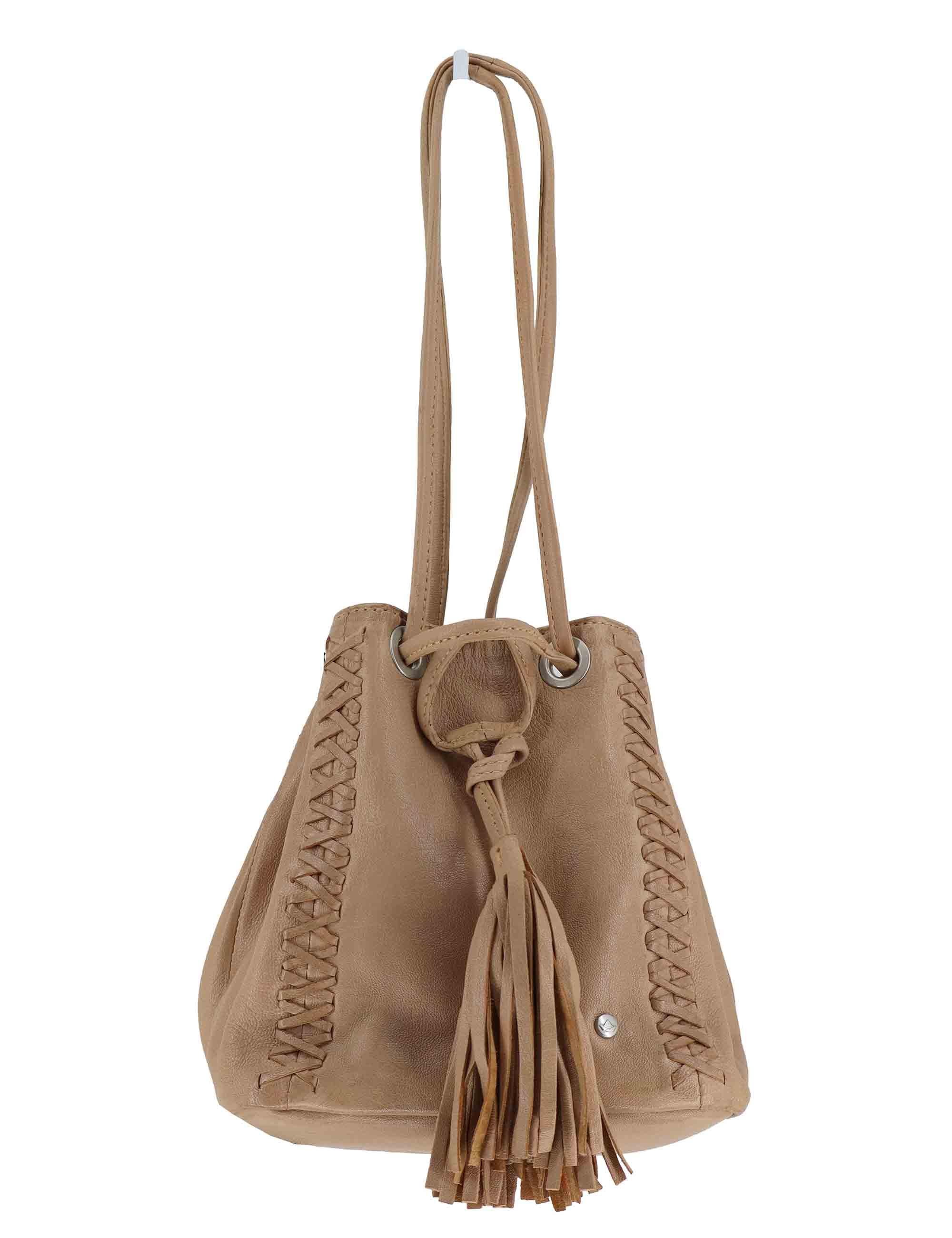 Borse donna a secchiello in pelle naturale con inserti e chiusura coulisse RBS1300 53 Rehard 