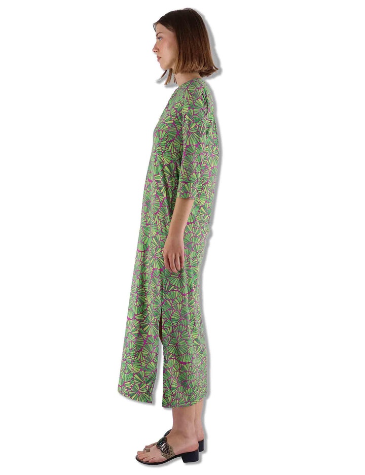 Abiti lunghi donna Shell in tessuto stampato verde con maniche a 3/4 JF667370672 A5032 Maliparmi 