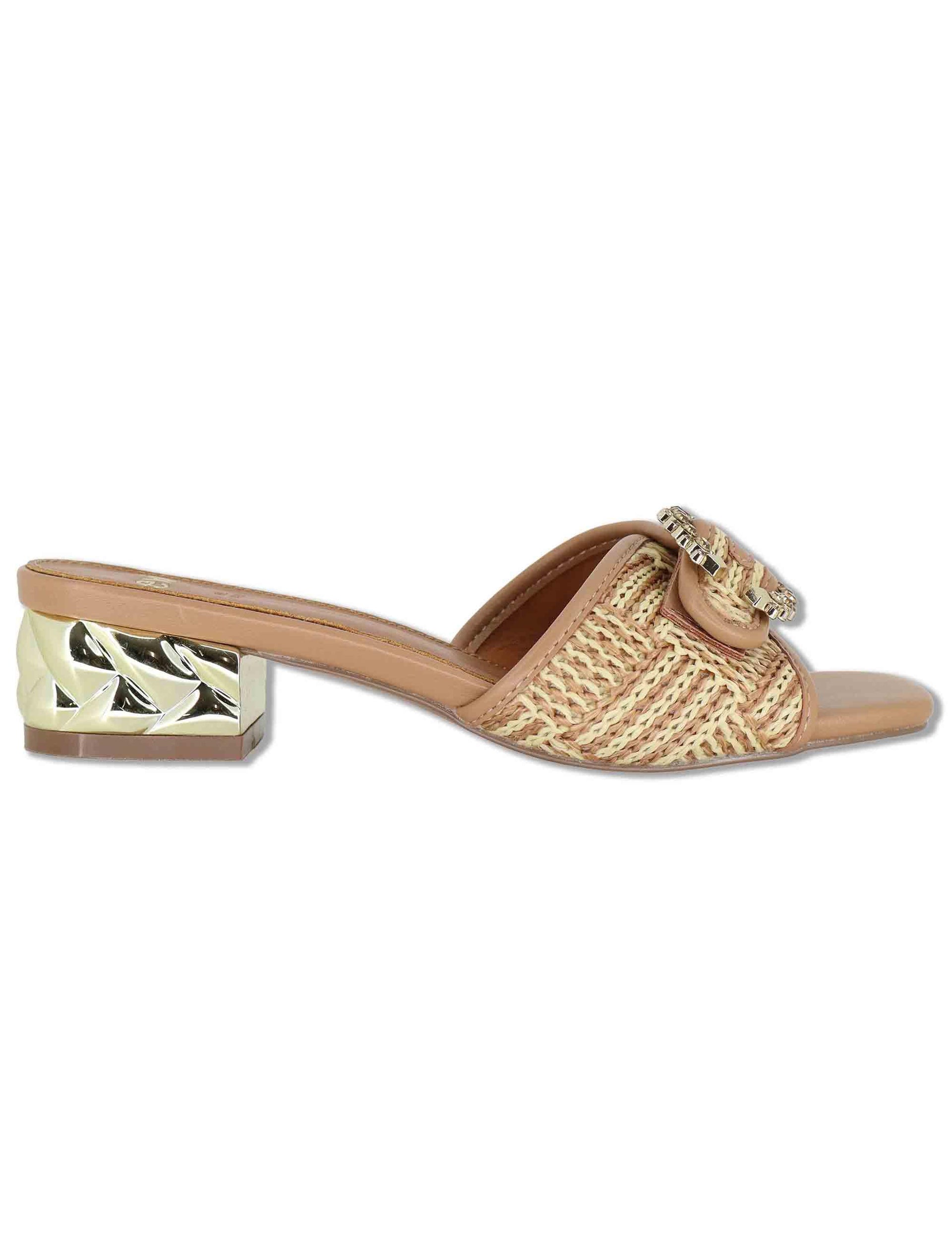 Sandali donna in rafia naturale con fibbia gioiello e tacco oro W4700410 25G0 Exe 