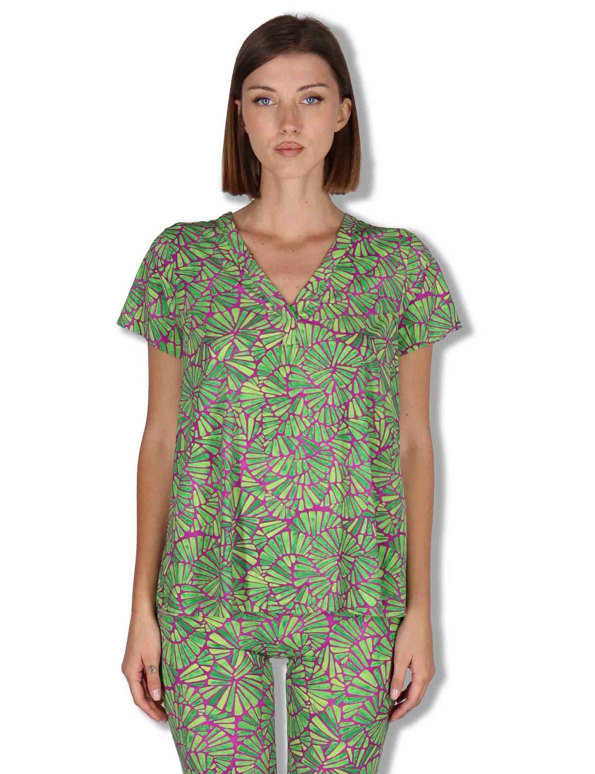 T-Shirt donna Shell in tessuto stampato viola e verde con scollo a V JK027970672 A5032 Maliparmi 