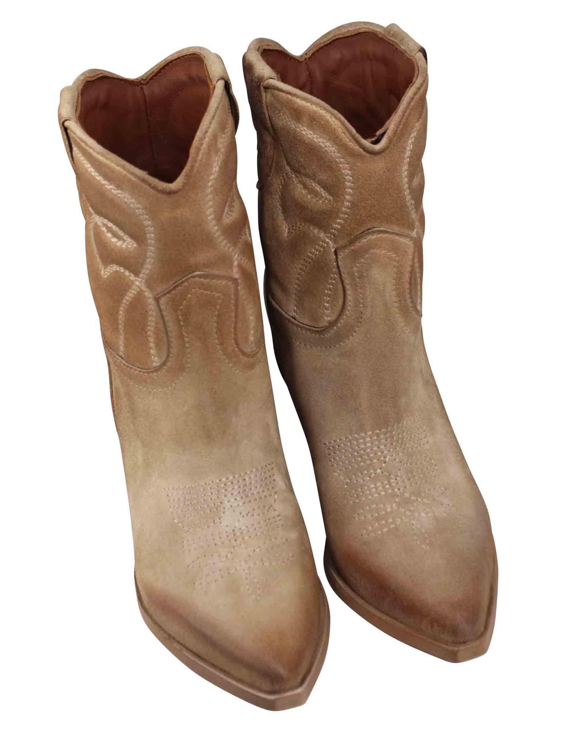 Stivaletti texani donna in pelle beige con tacco alto SOFIE 03 015 Zoe 