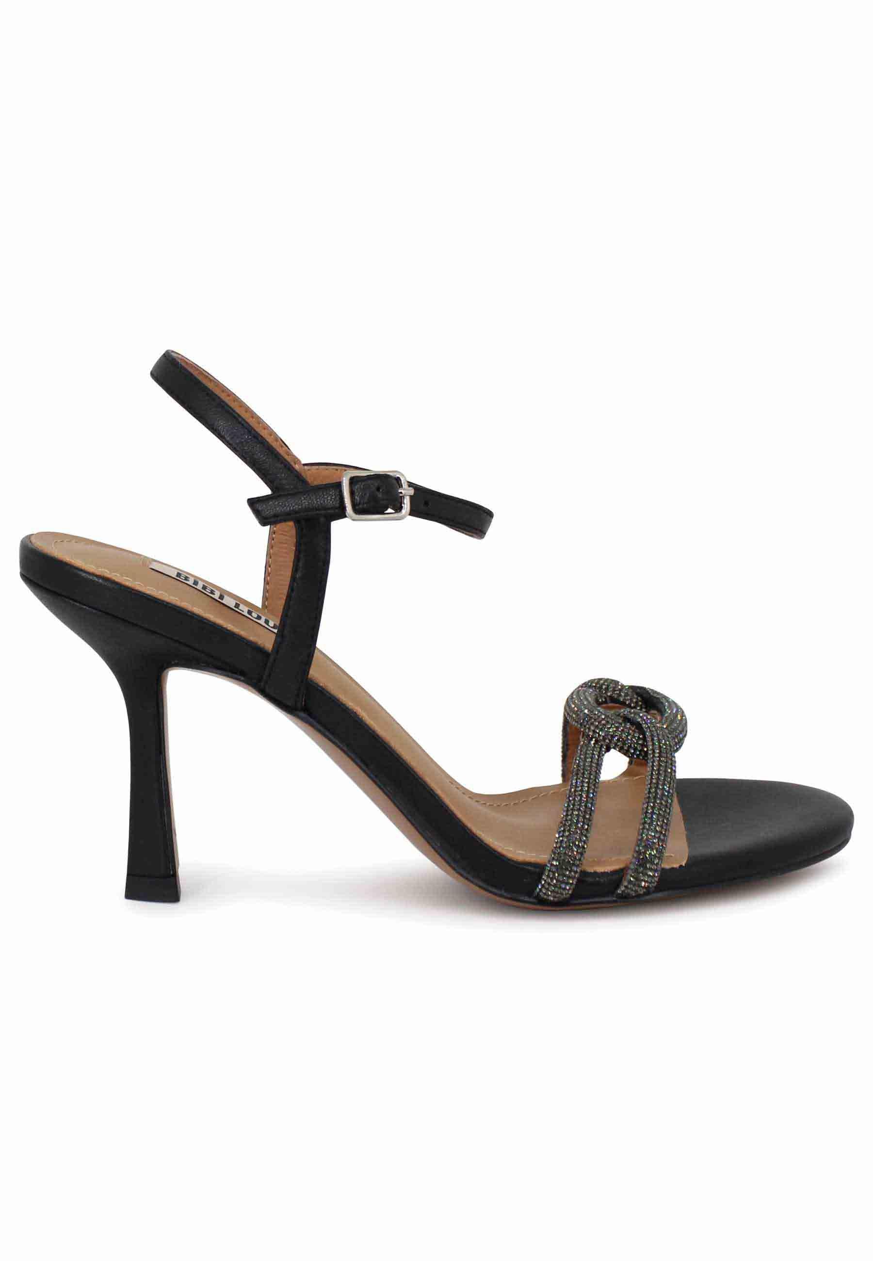 Sandali donna Katia in pelle nera tacco alto con strass e cinturino alla caviglia 599Z10VK 001 Bibi Lou 