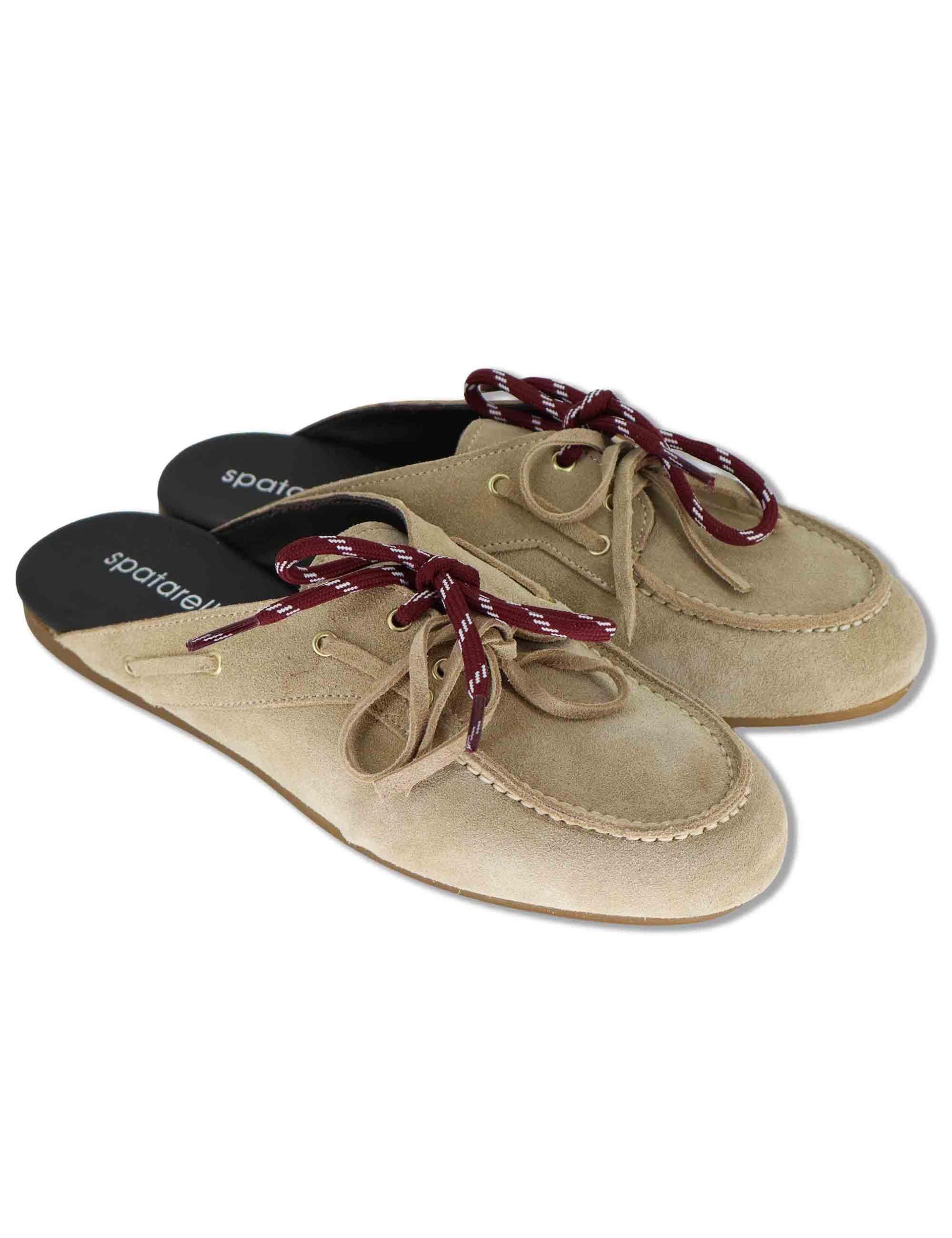 Sabot donna in camoscio beige con doppi lacci e suola bassa in gomma SP91 016 Spatarella 