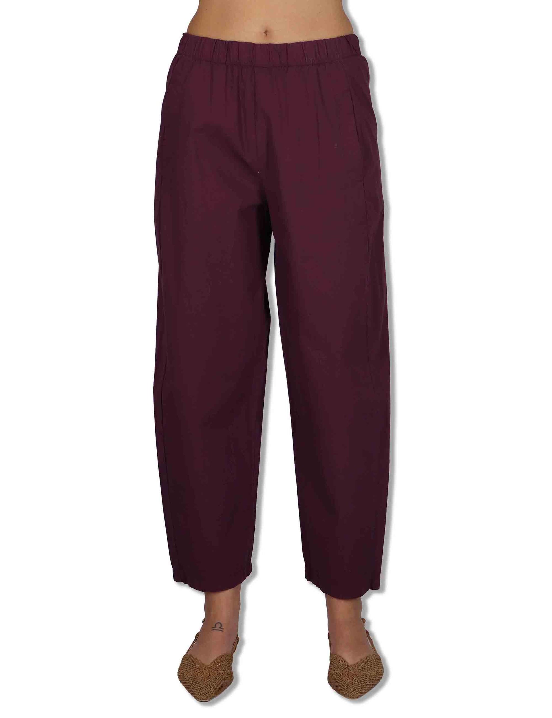 Pantaloni donna in cotone viola con elastico in vita e gamba a palloncino PRUX OVO_PLUM TreBarraBi 