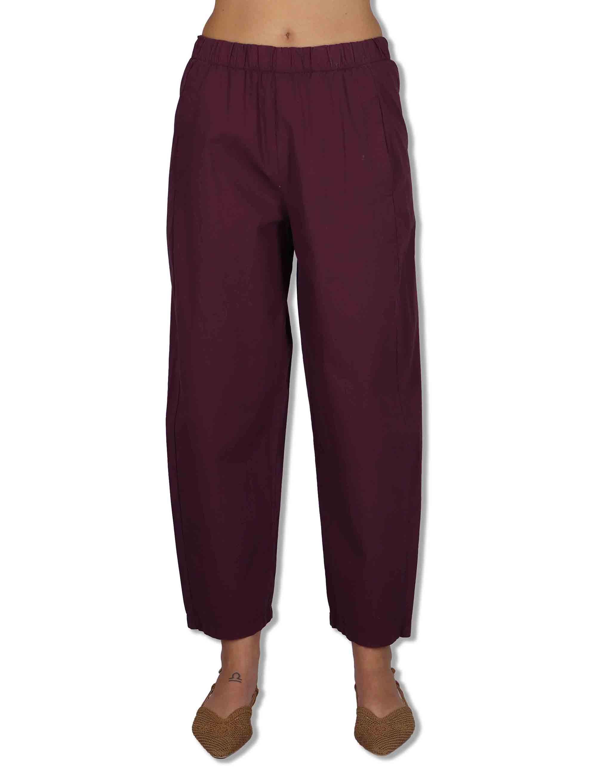 Pantaloni donna in cotone viola con elastico in vita e gamba a palloncino PRUX OVO_PLUM TreBarraBi 