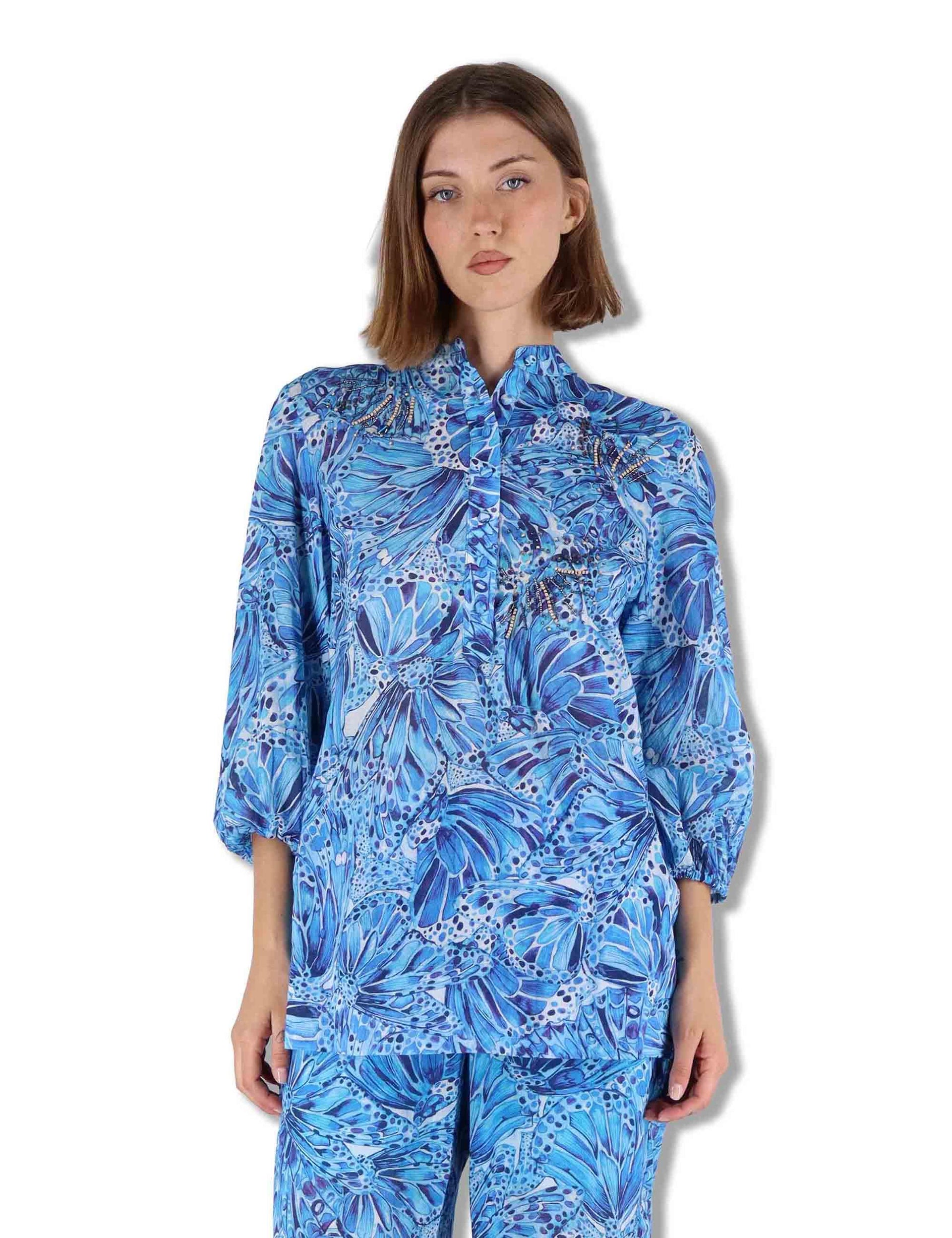 Camicie donna Sweet Butterfly in cotone stampato azzurro maniche 3/4 JM557415217 A8186 Maliparmi 