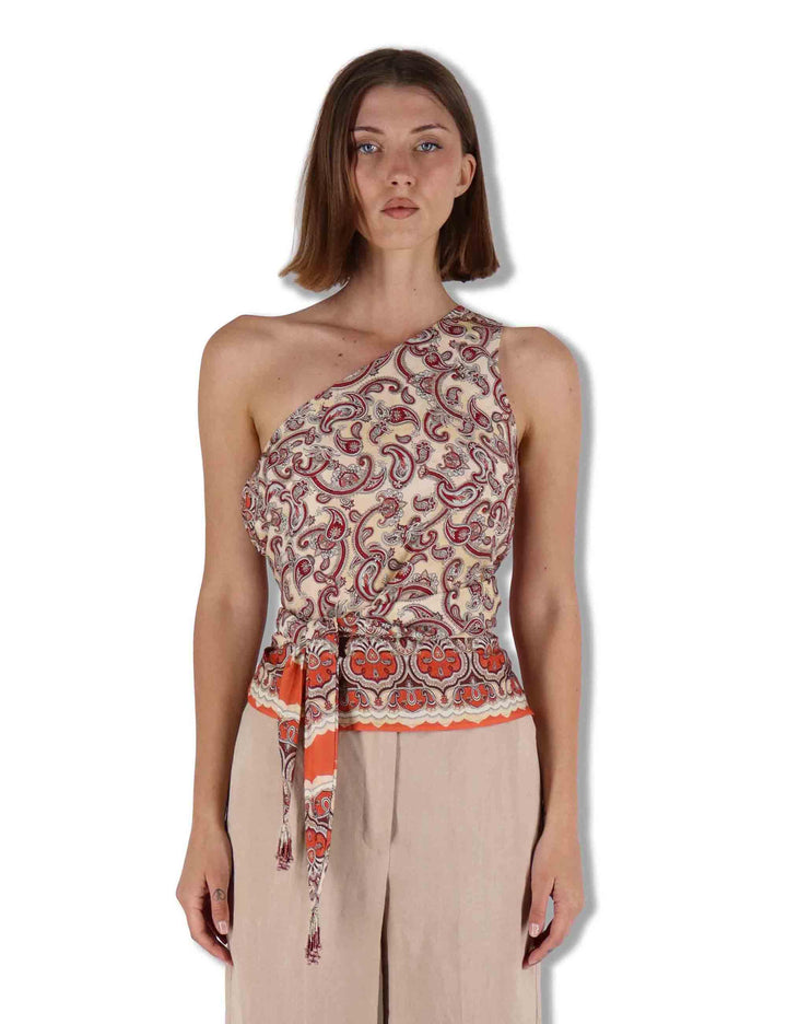 Top donna monospalla Sunset Paisley in viscosa stampata beige con frange JP555550662 B1294 Maliparmi 