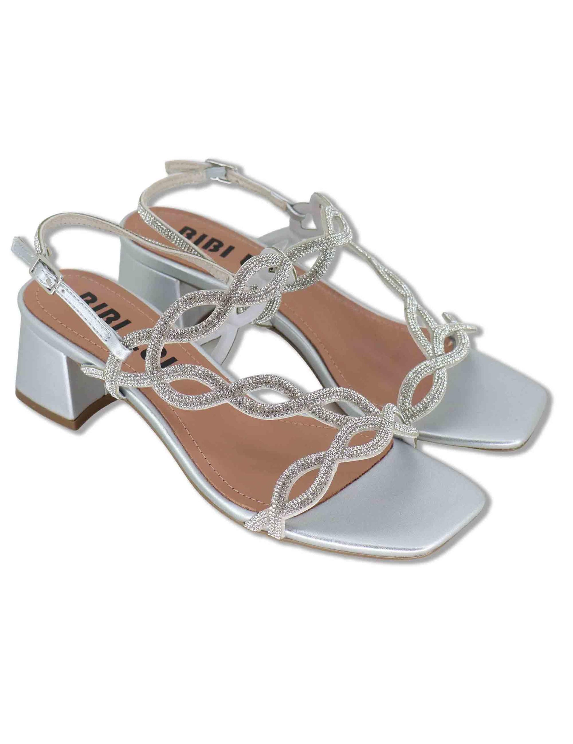 Sandali donna slingback in pelle e strass argento con tacco medio Dill 889Z00HG 01-PLATA Bibi Lou 