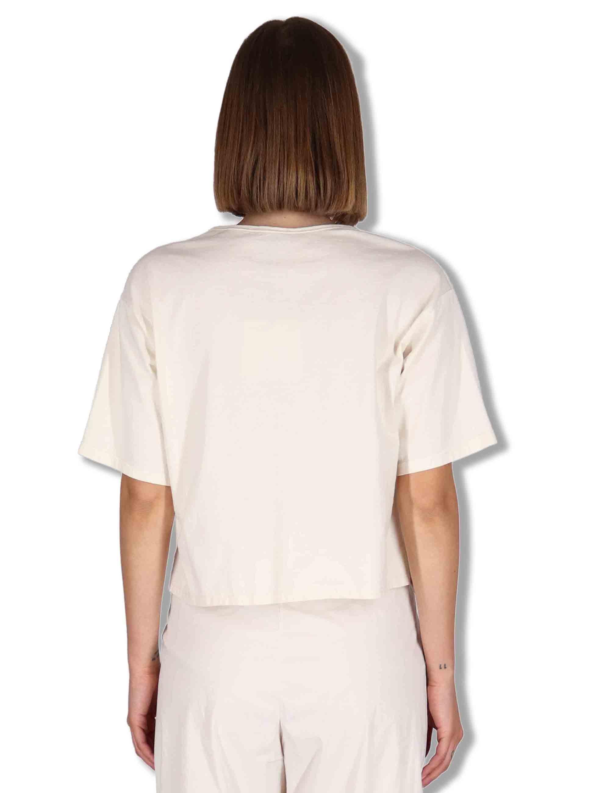 T-Shirt donna in cotone off white con scollo serafino e maniche 3/4 TORENIA JLIN_BUTTER TreBarraBi 