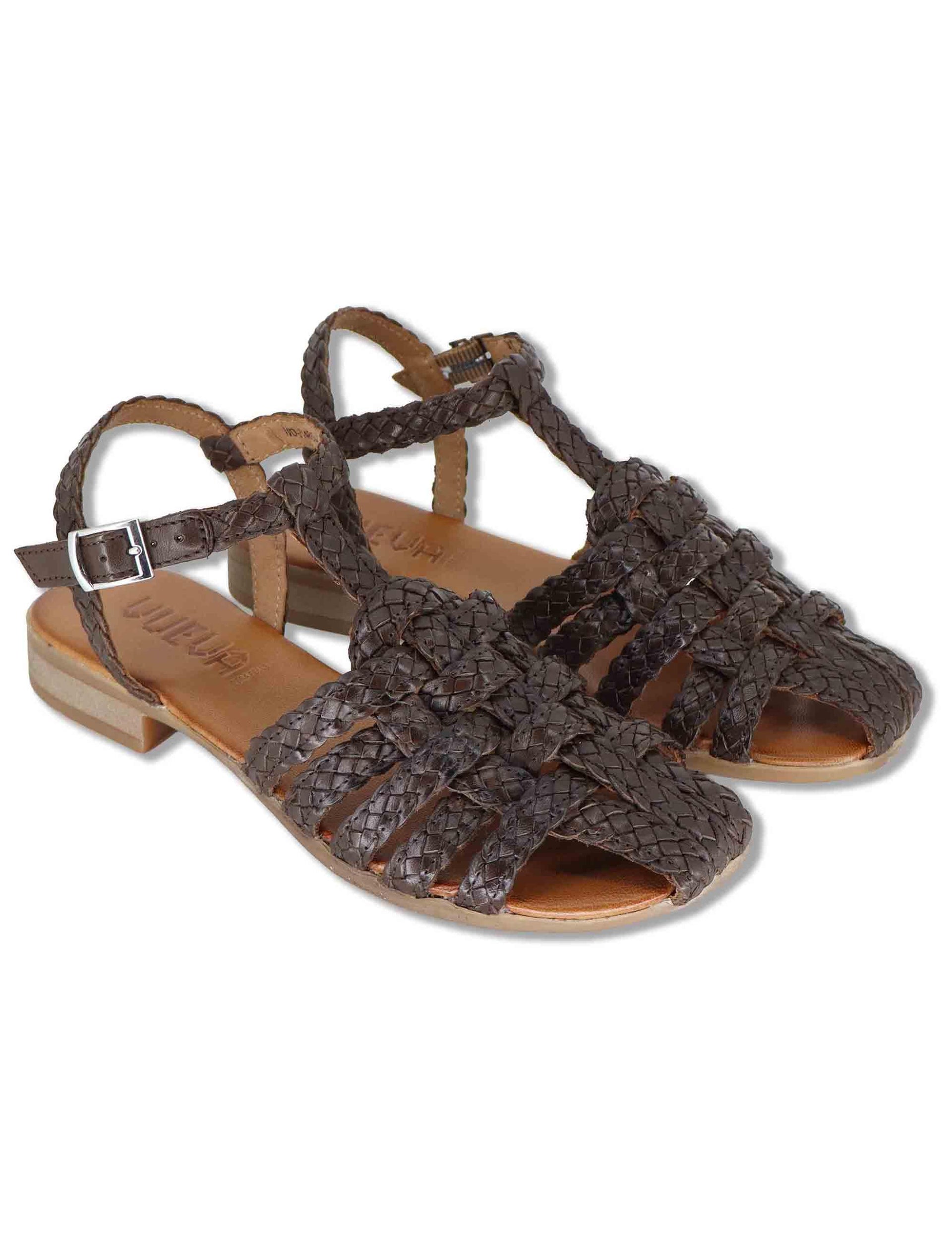 Sandali bassi donna in pelle intrecciata marrone con cinturino alla caviglia WD314R63 500011 Vueva 