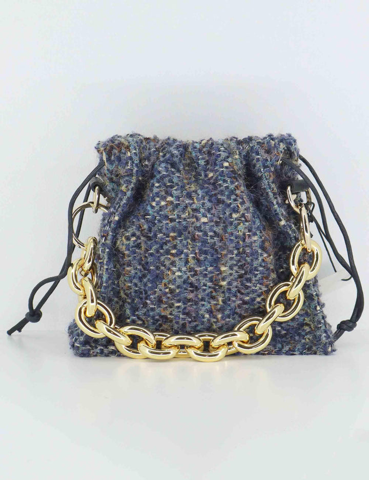 Borse donna in tessuto blu con chiusura coulisse e catena oro BON BON BENNY Kassiopea 