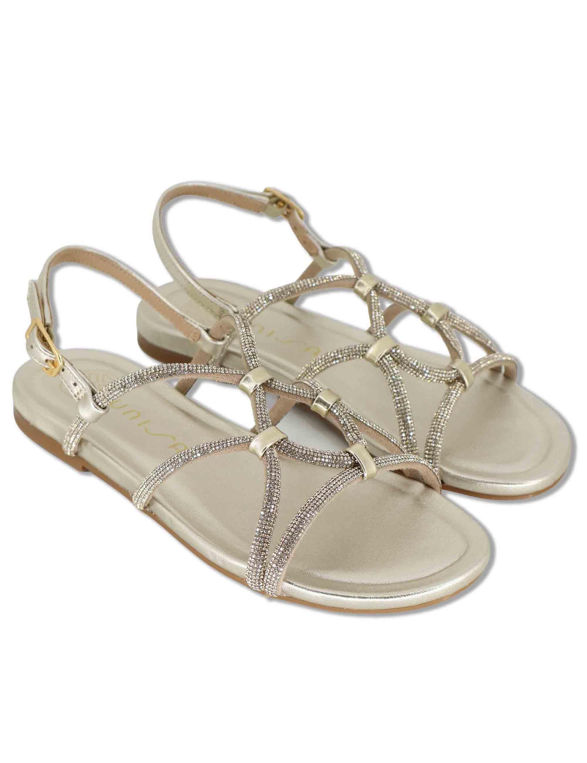 Sandali bassi donna in pelle e strass platino con tacco basso COOPER LMT PLATINO Unisa 