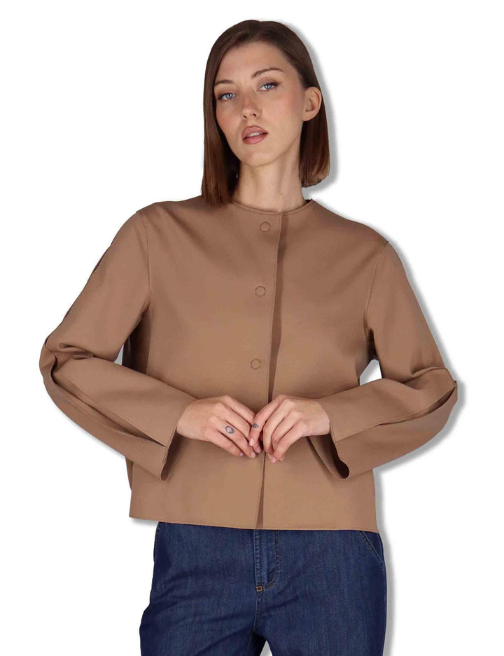 Giubbini donna in tessuto stretch marrone con bottoni a scomparsa 50260008 045 Ewooluzione 
