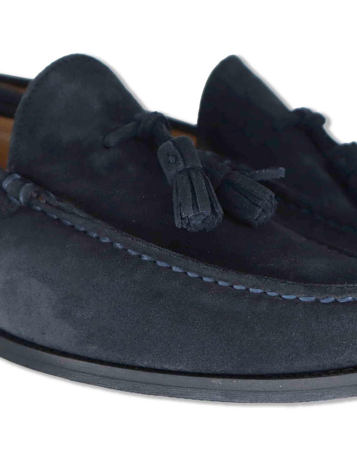 Mocassini uomo in camoscio blu con nappine e suola in cuoio cucita SPSBG1020 002 Spatarella 