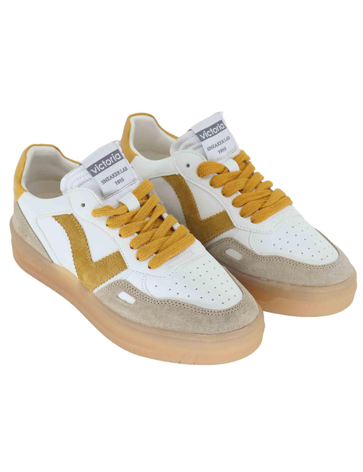 Victoria Sneakers donna in pelle bianca con logo in camoscio 1257125 Mostaza Victoria 