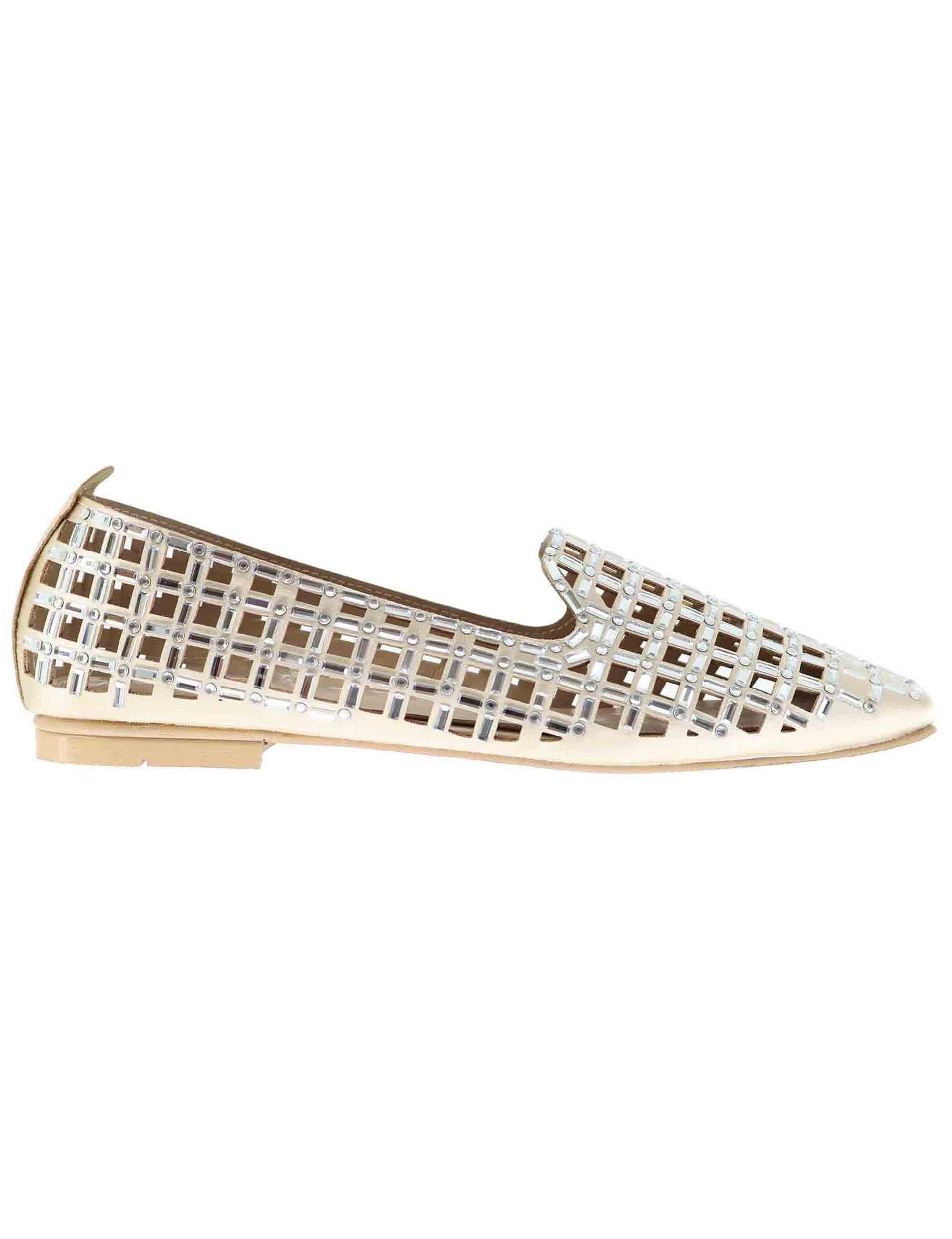 Mocassini donna in tessuto beige con strass U128B09014C6 SMP09 Exe 